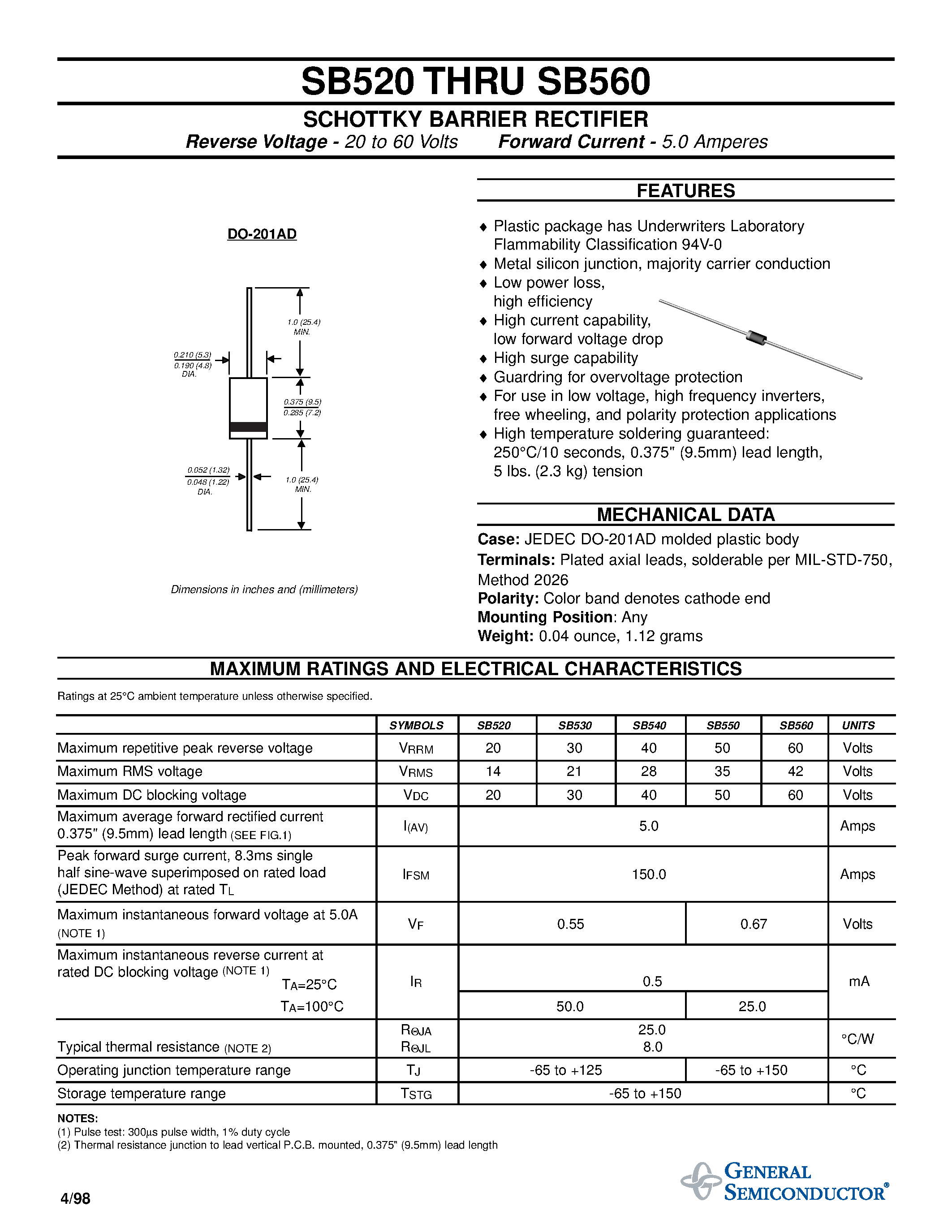 Datasheet SB550 page 1 Datasheet SB550 - SCHOTTKY BARRIER RECTIFIER page 1