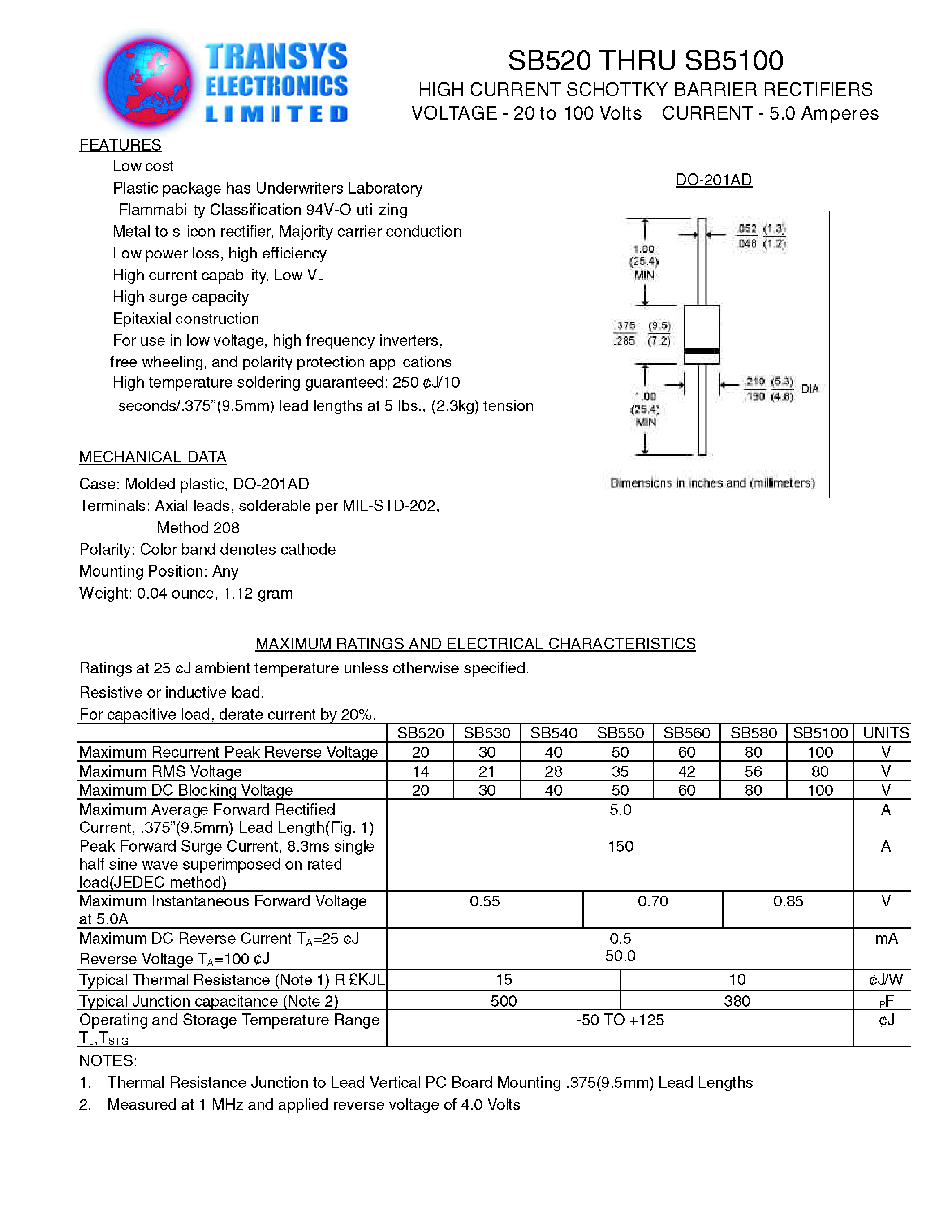 Datasheet SB560 page 1 Datasheet SB560 - HIGH CURRENT SCHOTTKY BARRIER RECTIFIERS page 1