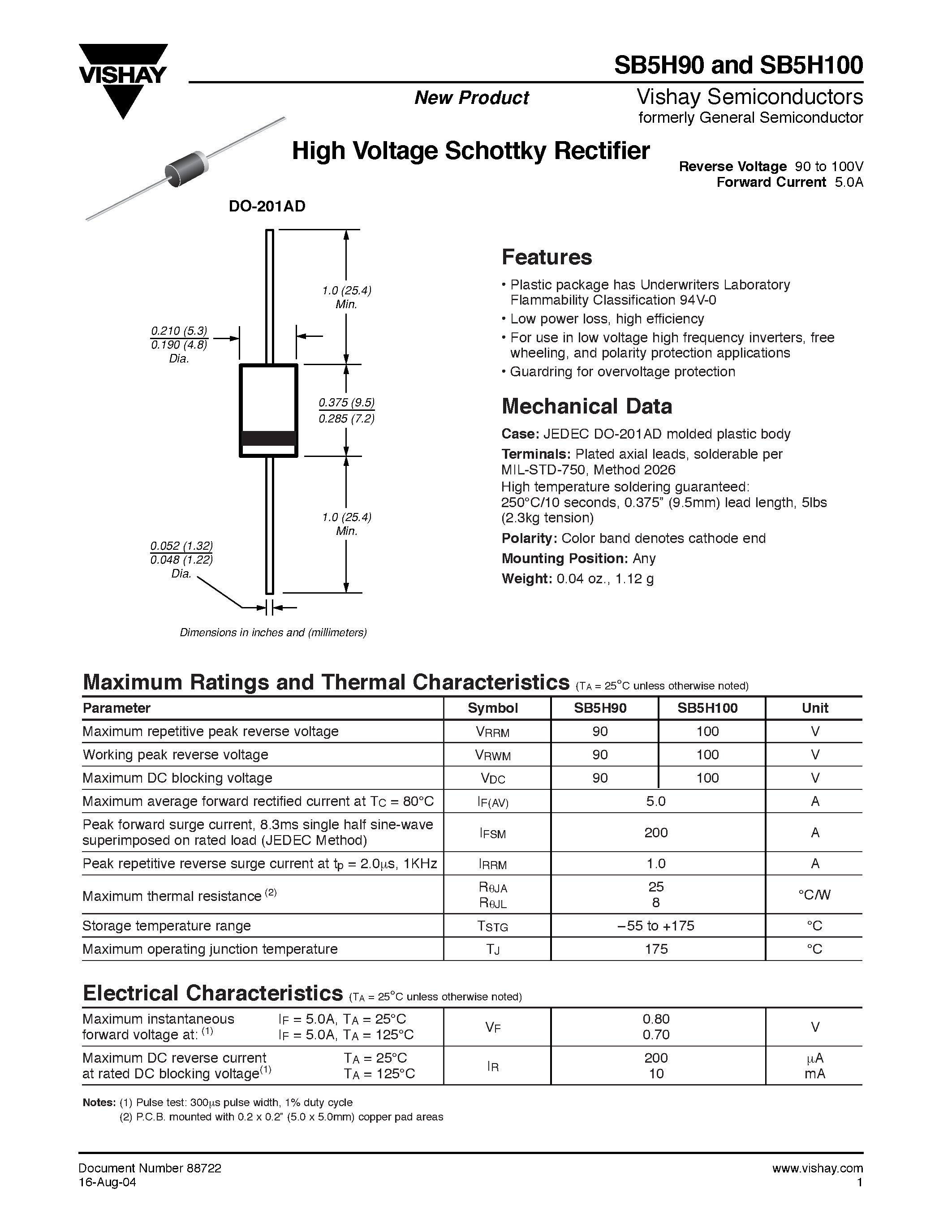 Datasheet SB5H100 page 1 Datasheet SB5H100 - High Voltage Schottky Rectifier page 1