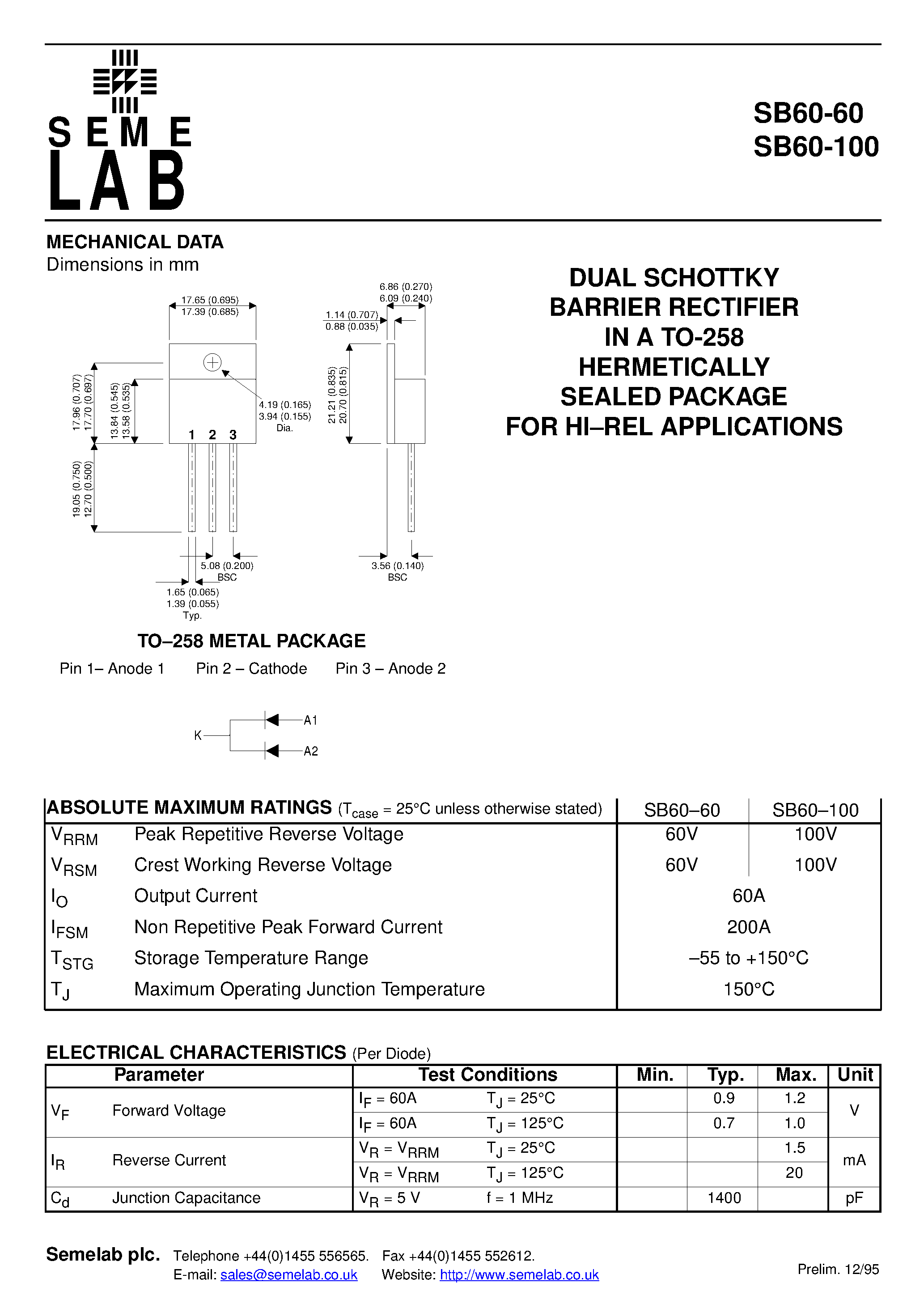 Datasheet SB60-60 - DUAL SCHOTTKY BARRIER RECTIFIER IN A TO-258 HERMETICALLY SEALED PACKAGE FOR HI.REL APPLICATIONS page 1