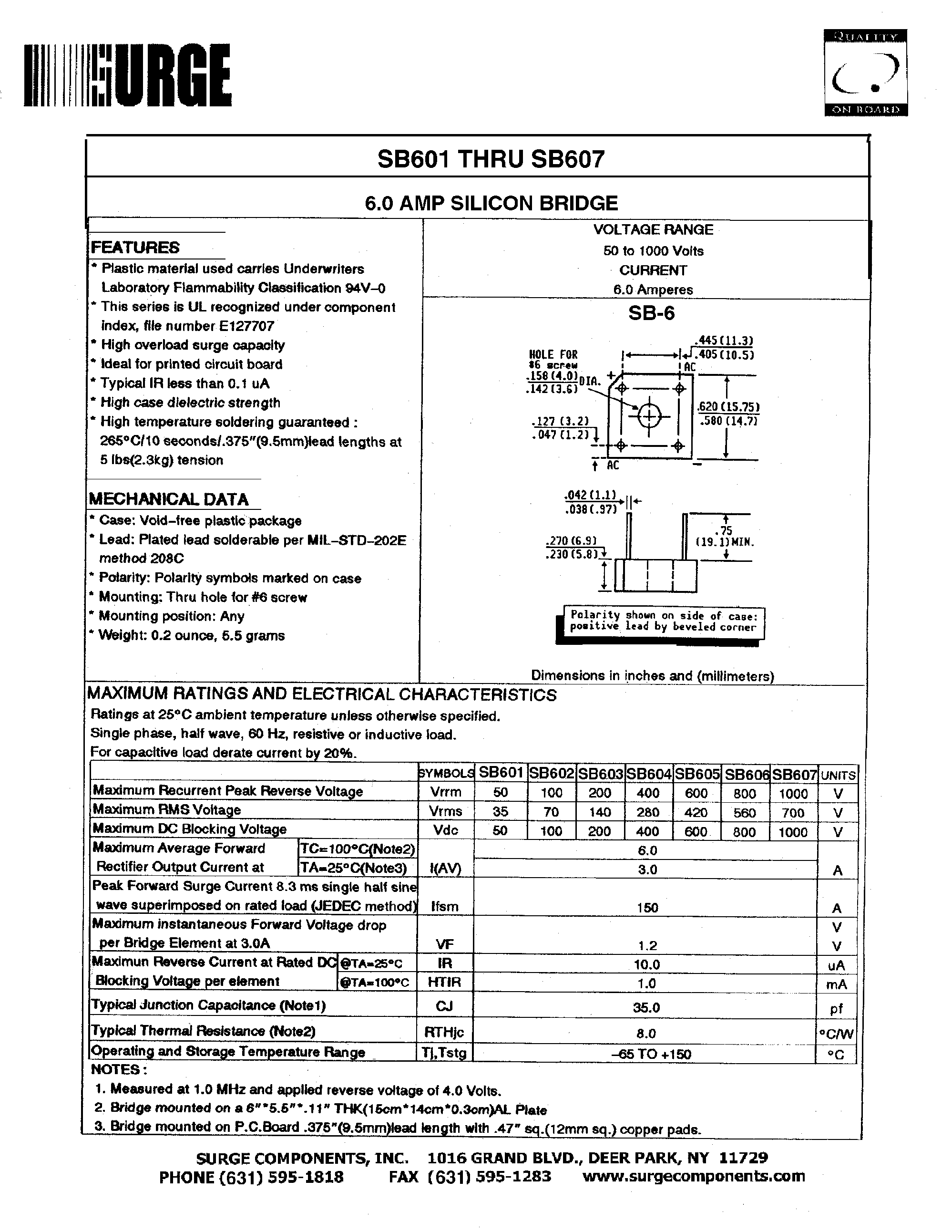 Datasheet SB607 - 6.0 AMP SILICON BRIDGE page 1