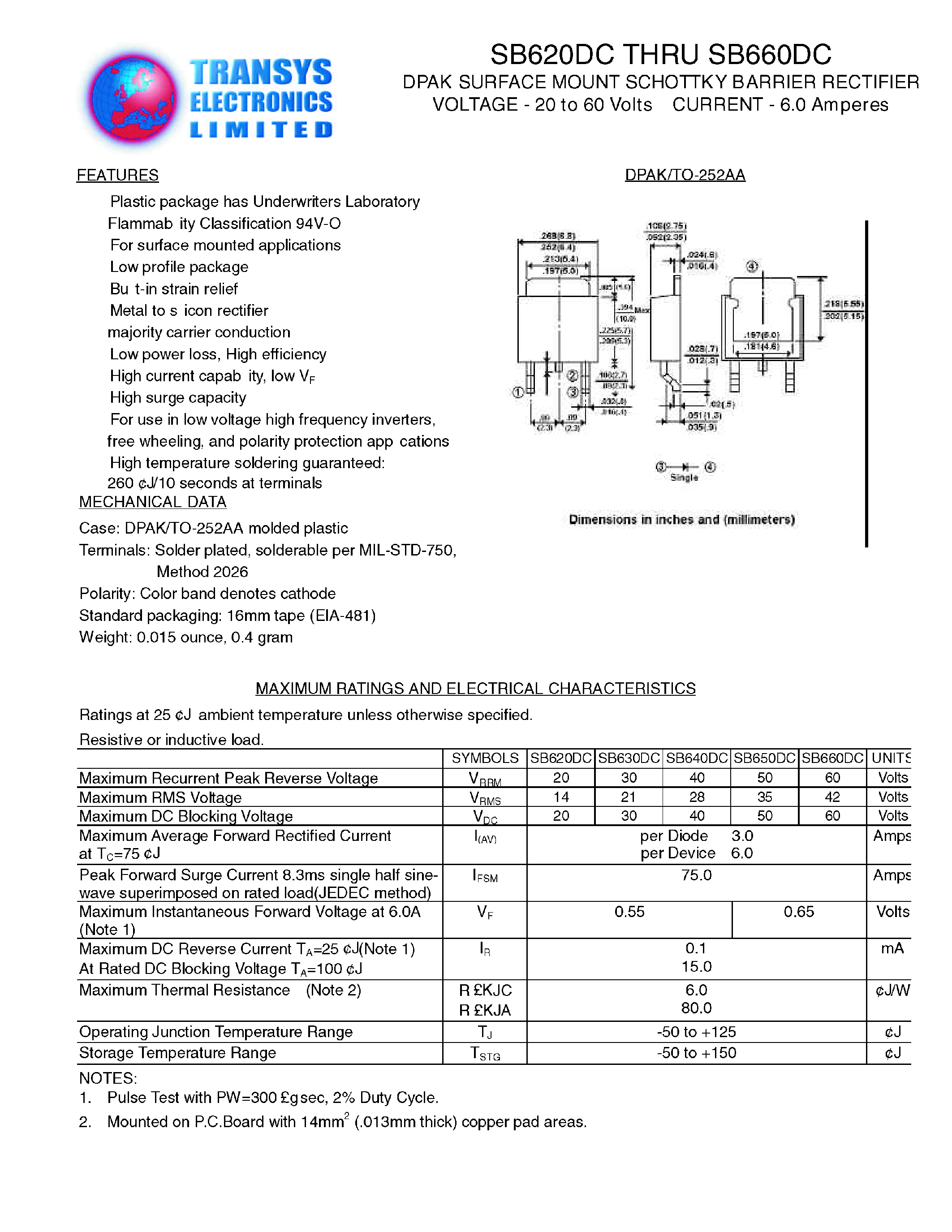 Datasheet SB620DC page 1 Datasheet SB620DC - DPAK SURFACE MOUNT SCHOTTKY BARRIER RECTIFIER page 1