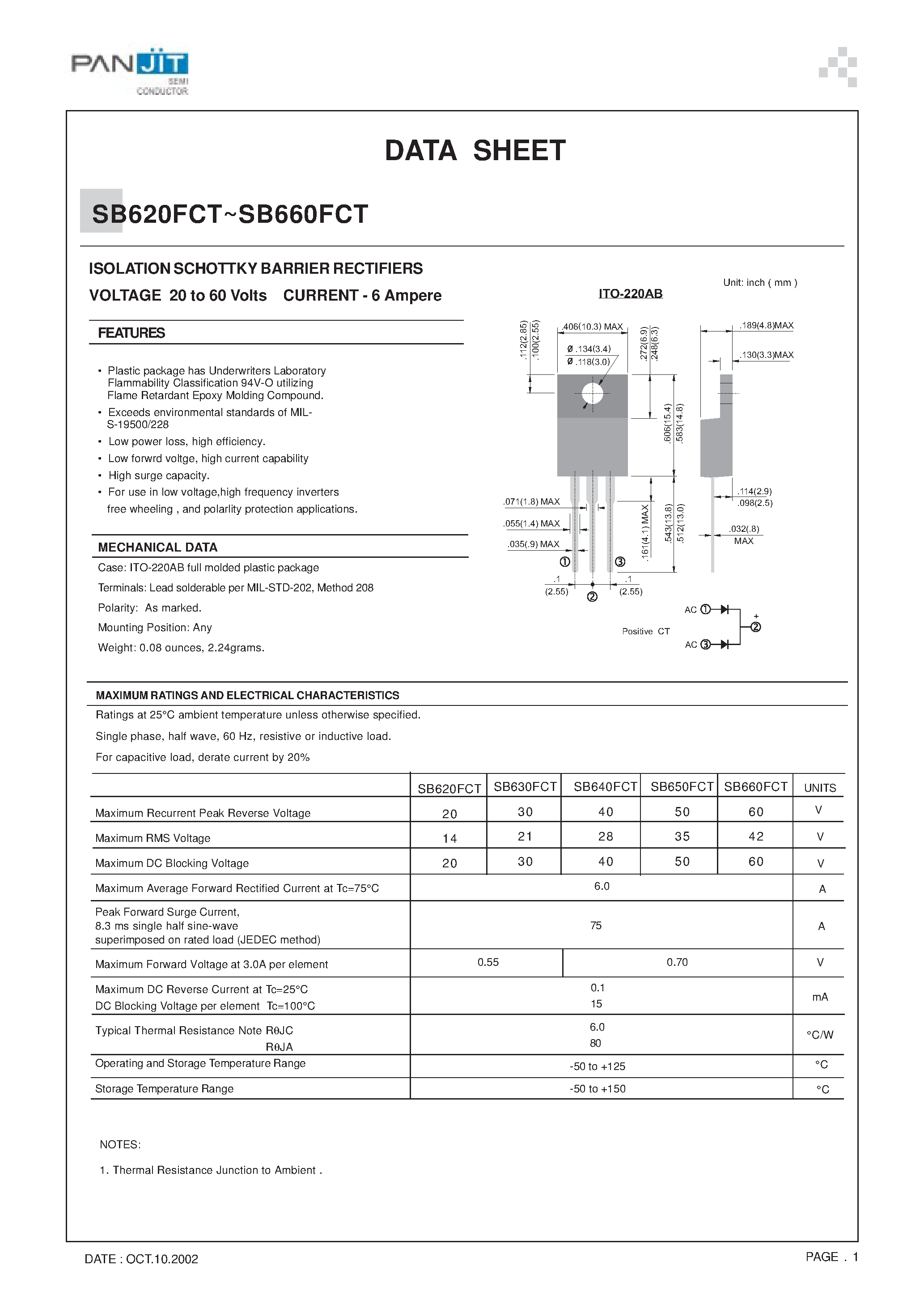 Datasheet SB630FCT - ISOLATION SCHOTTKY BARRIER RECTIFIERS(VOLTAGE 20 to 60 Volts CURRENT - 6 Ampere) page 1