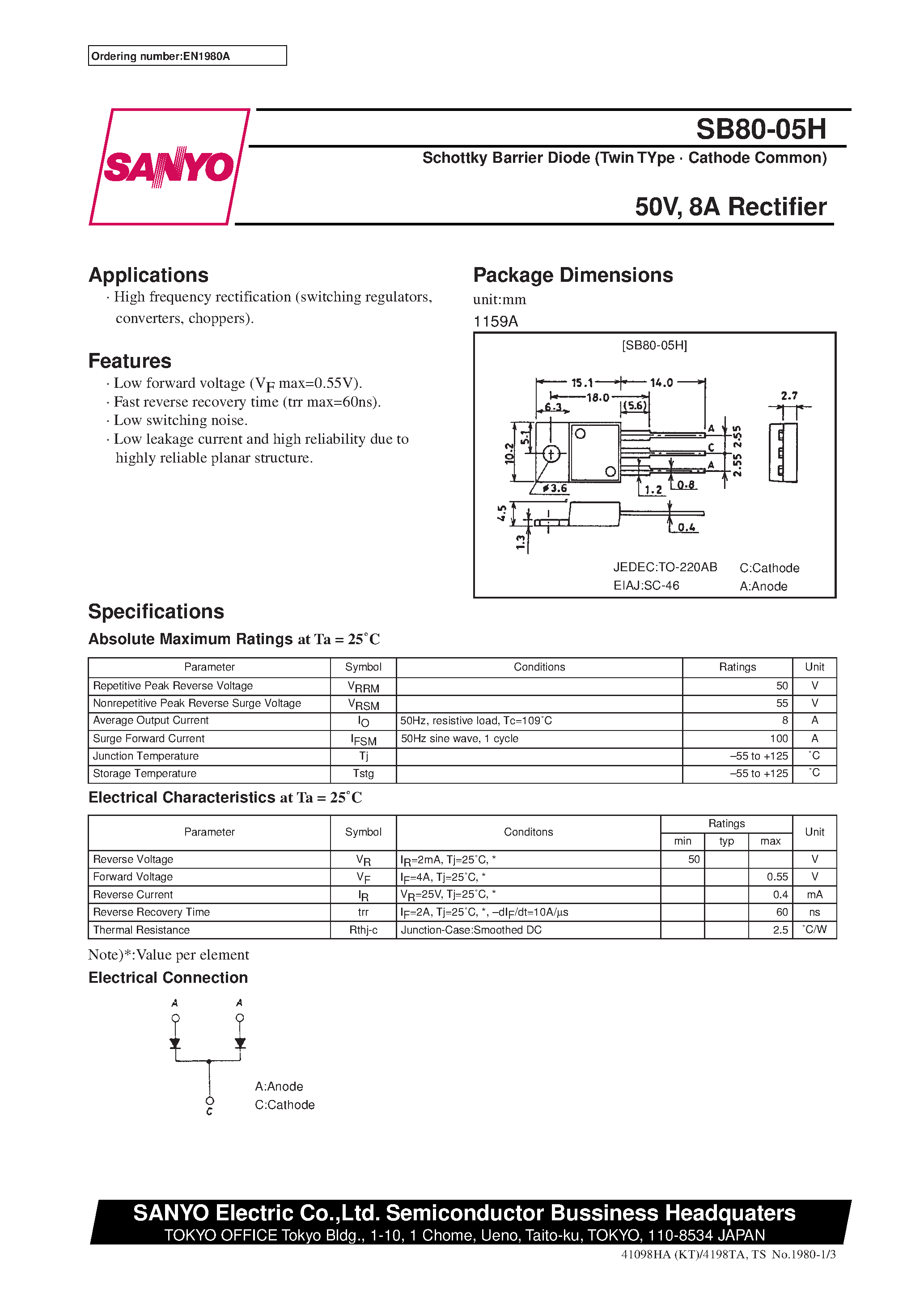 Datasheet SB80-05 - 50V/ 8A Rectifier page 1
