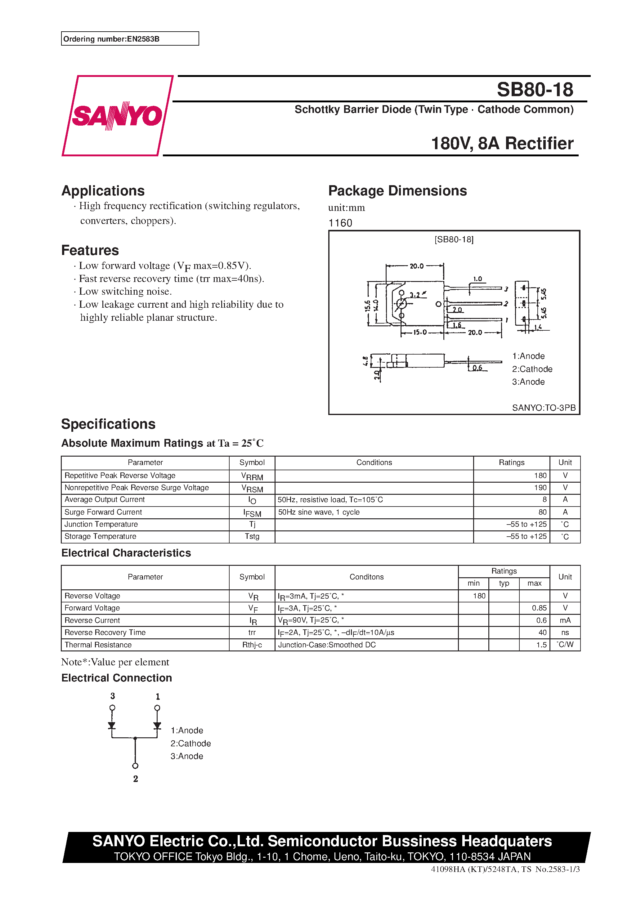 Datasheet SB80-18 page 1 Datasheet SB80-18 - 180V/ 8A Rectifier page 1