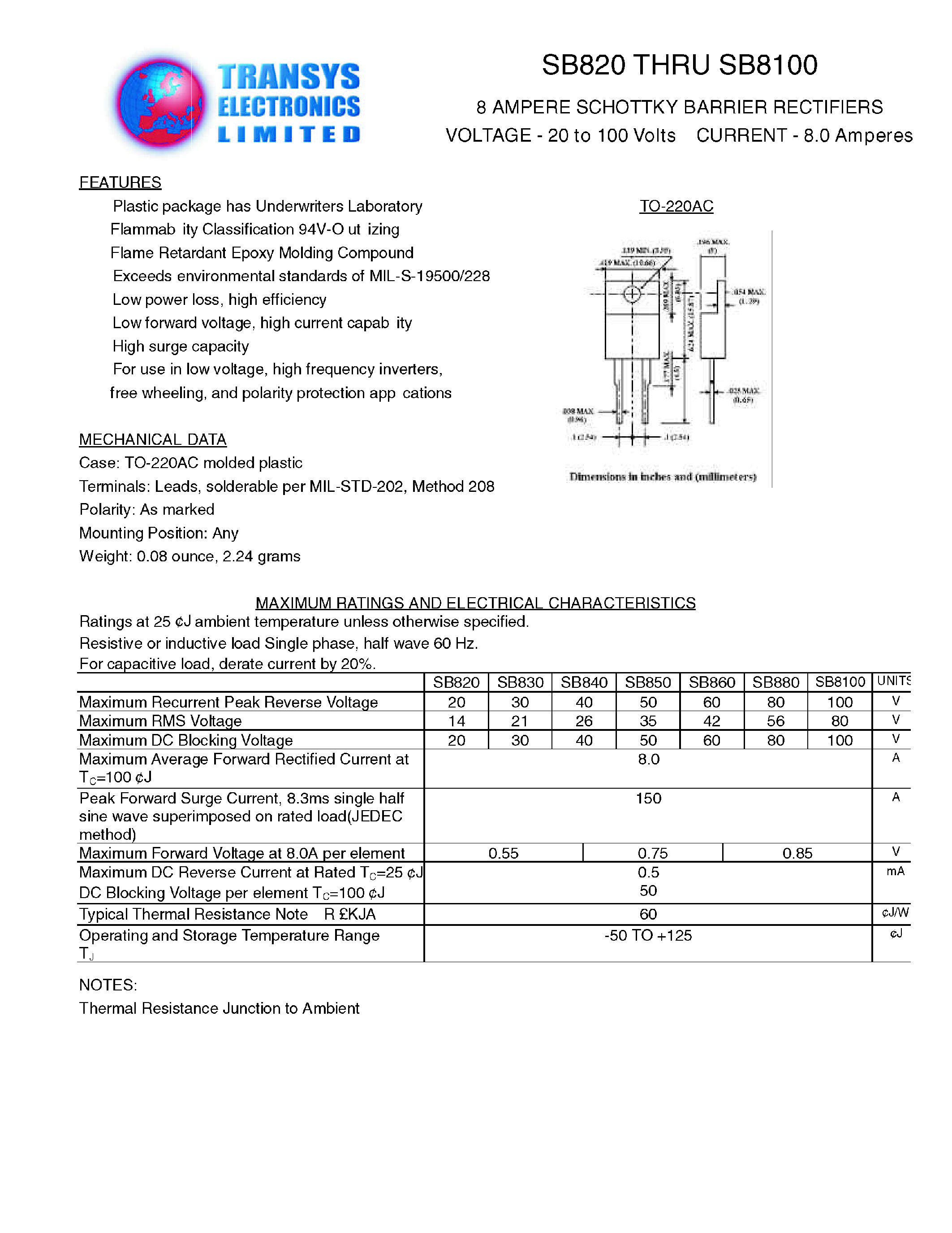 Datasheet SB8100 page 1 Datasheet SB8100 - 8 AMPERE SCHOTTKY BARRIER RECTIFIERS page 1