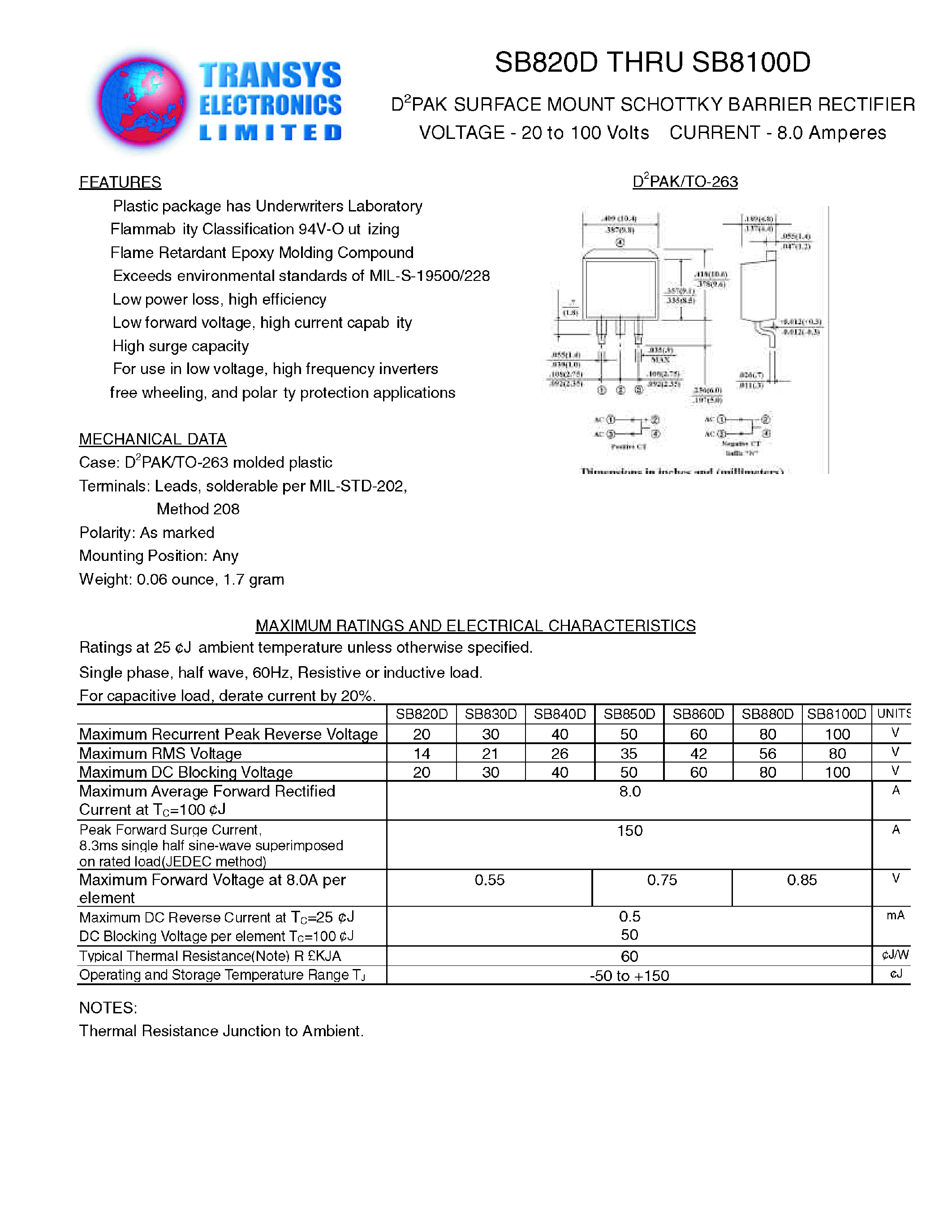 Datasheet SB8100D page 1 Datasheet SB8100D - D2PAK SURFACE MOUNT SCHOTTKY BARRIER RECTIFIER page 1