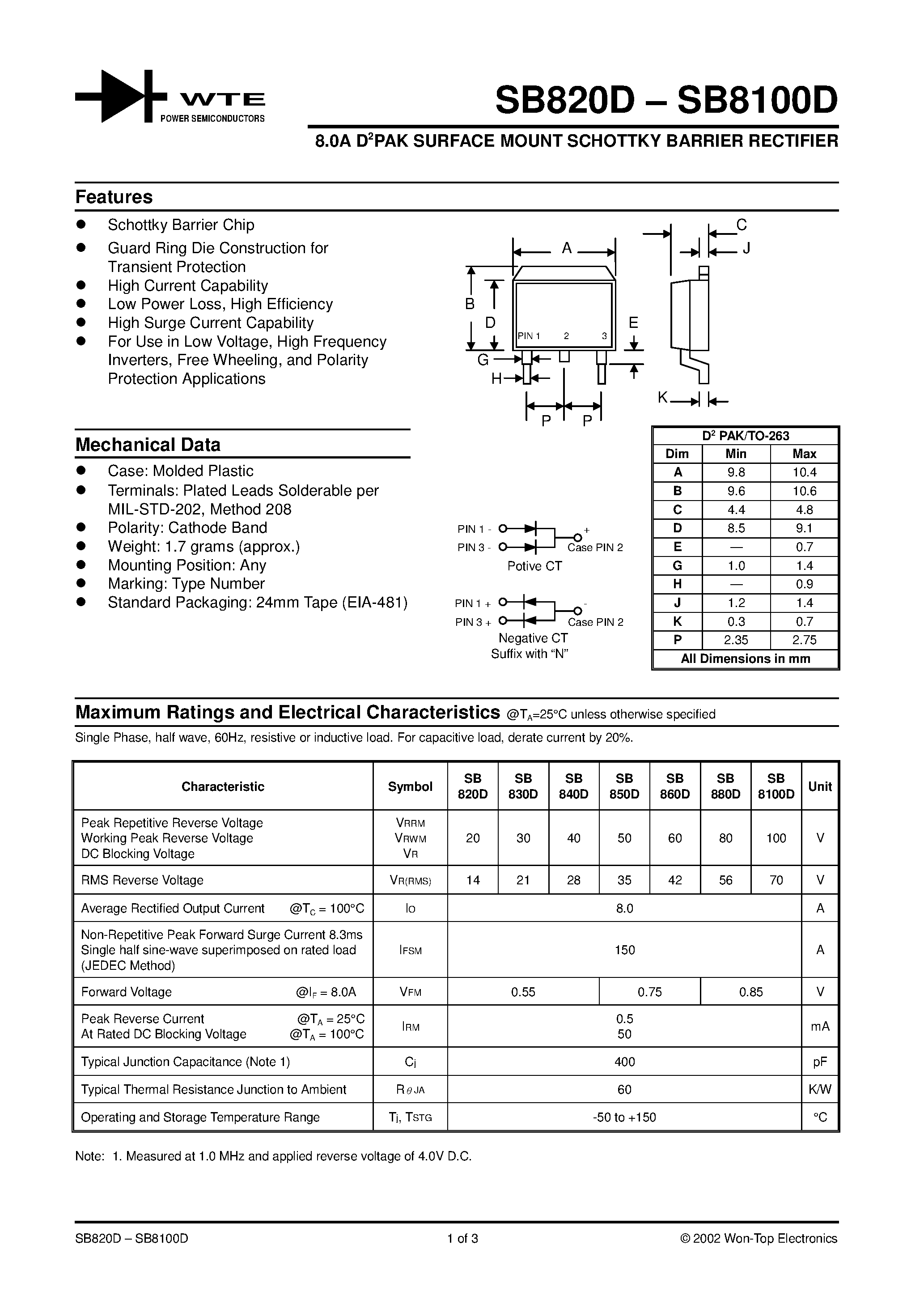 Datasheet SB820D-T3 - 8.0A D2PAK SURFACE MOUNT SCHOTTKY BARRIER RECTIFIER page 1