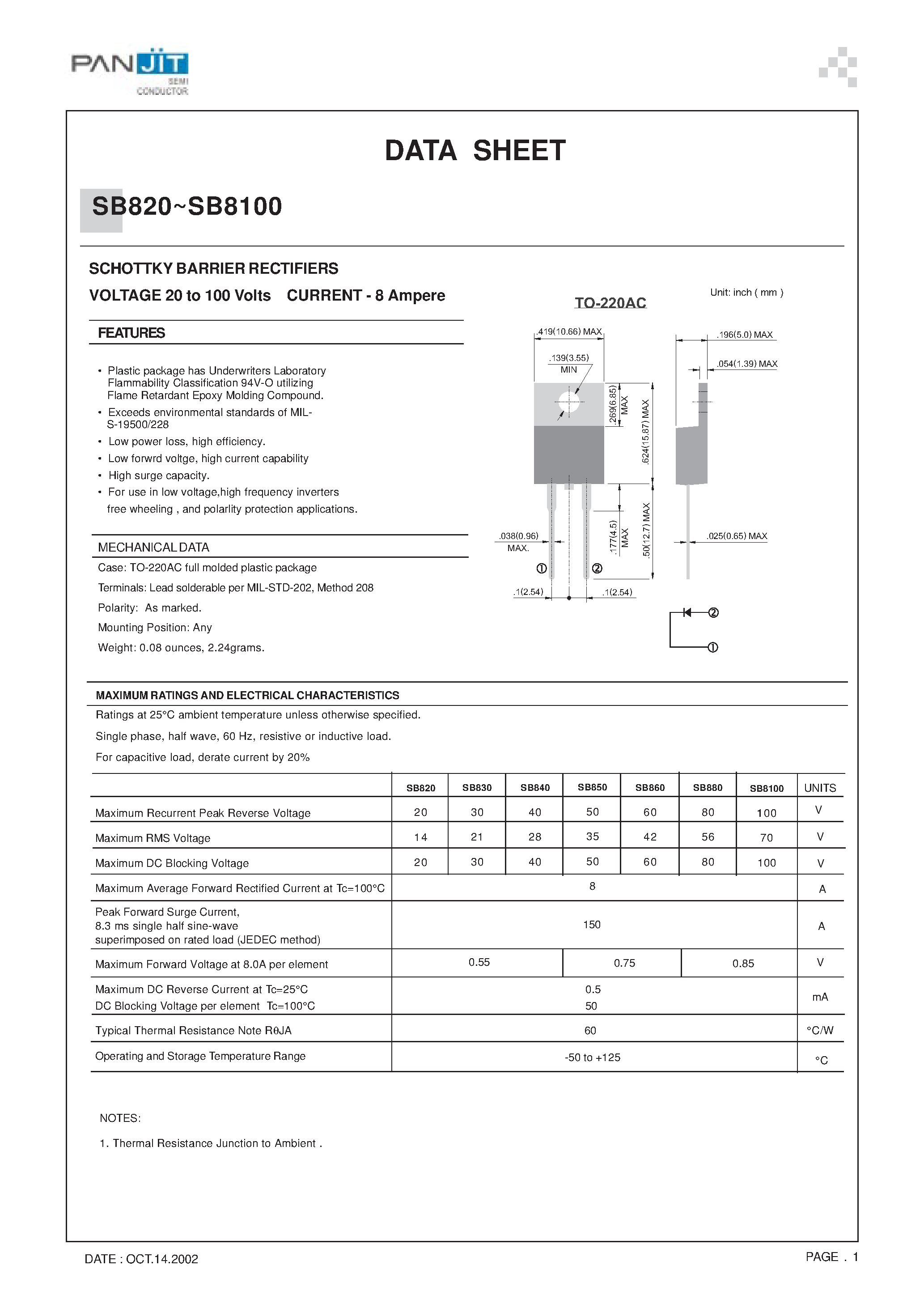 Datasheet SB830 page 1 Datasheet SB830 - SCHOTTKY BARRIER RECTIFIERS(VOLTAGE 20 to 100 Volts CURRENT - 8 Ampere) page 1