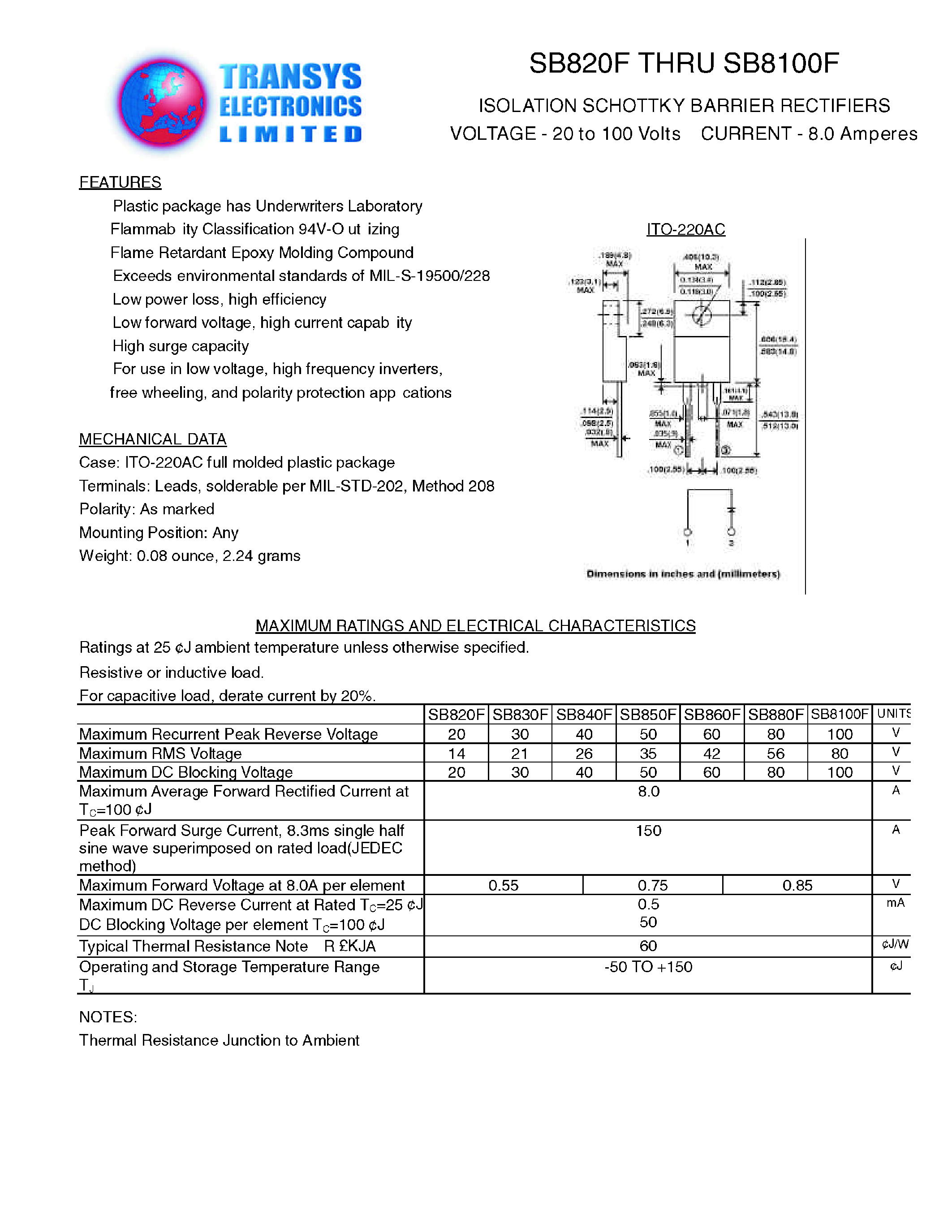 Datasheet SB830F page 1 Datasheet SB830F - ISOLATION SCHOTTKY BARRIER RECTIFIERS page 1