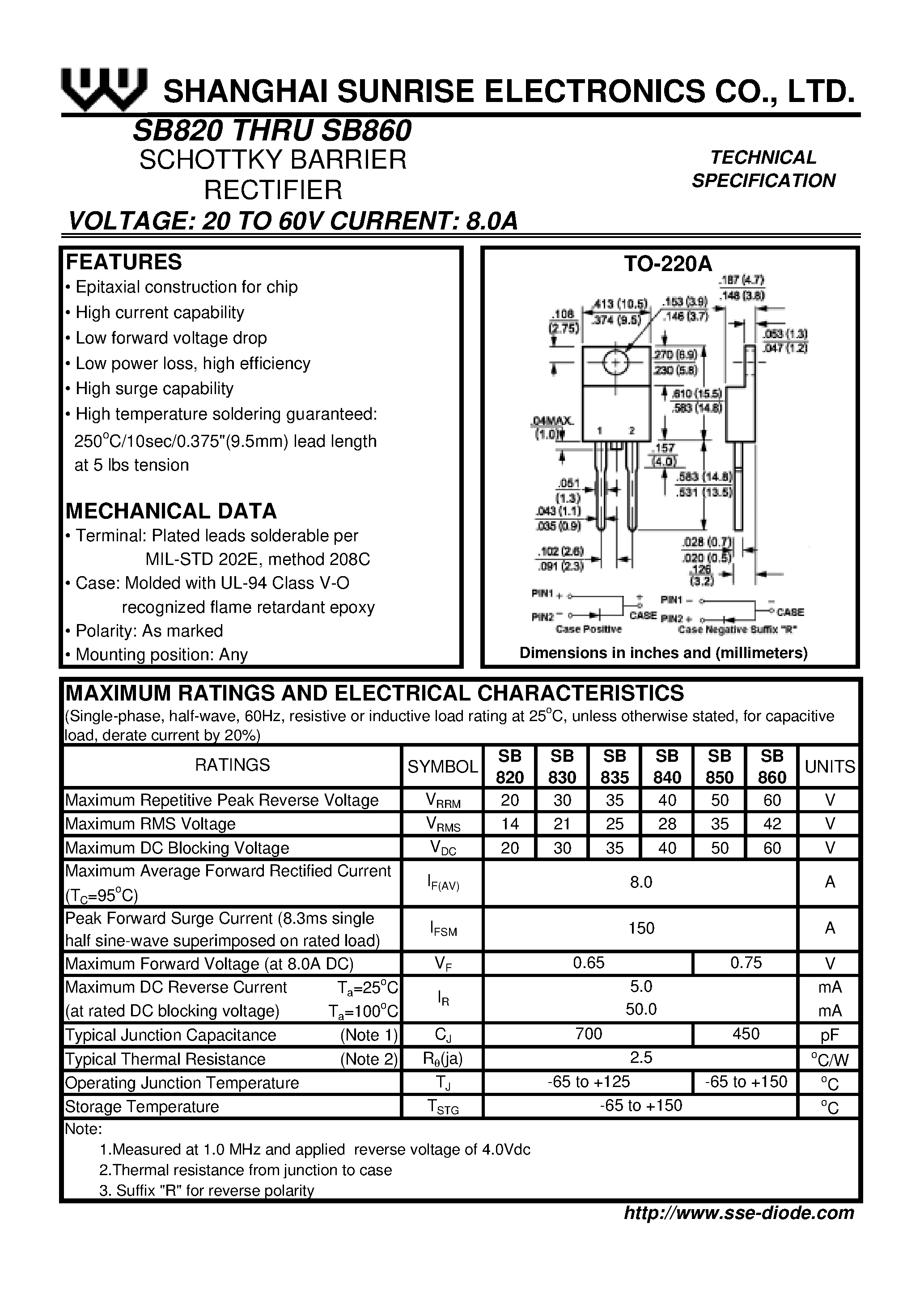 Datasheet SB840 - SCHOTTKY BARRIER RECTIFIER page 1
