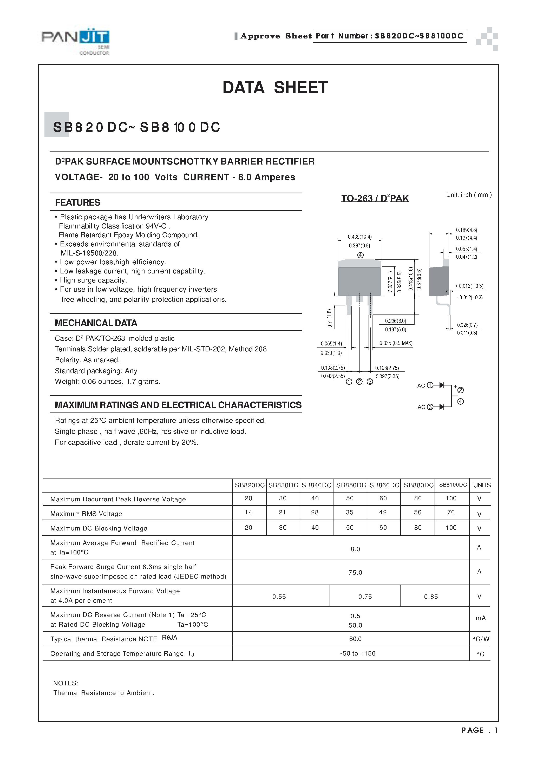 Datasheet SB860DC - D2PAK SURFACE MOUNTSCHOTTKY BARRIER RECTIFIER(VOLTAGE- 20 to 100 Volts CURRENT - 8.0 Amperes) page 1
