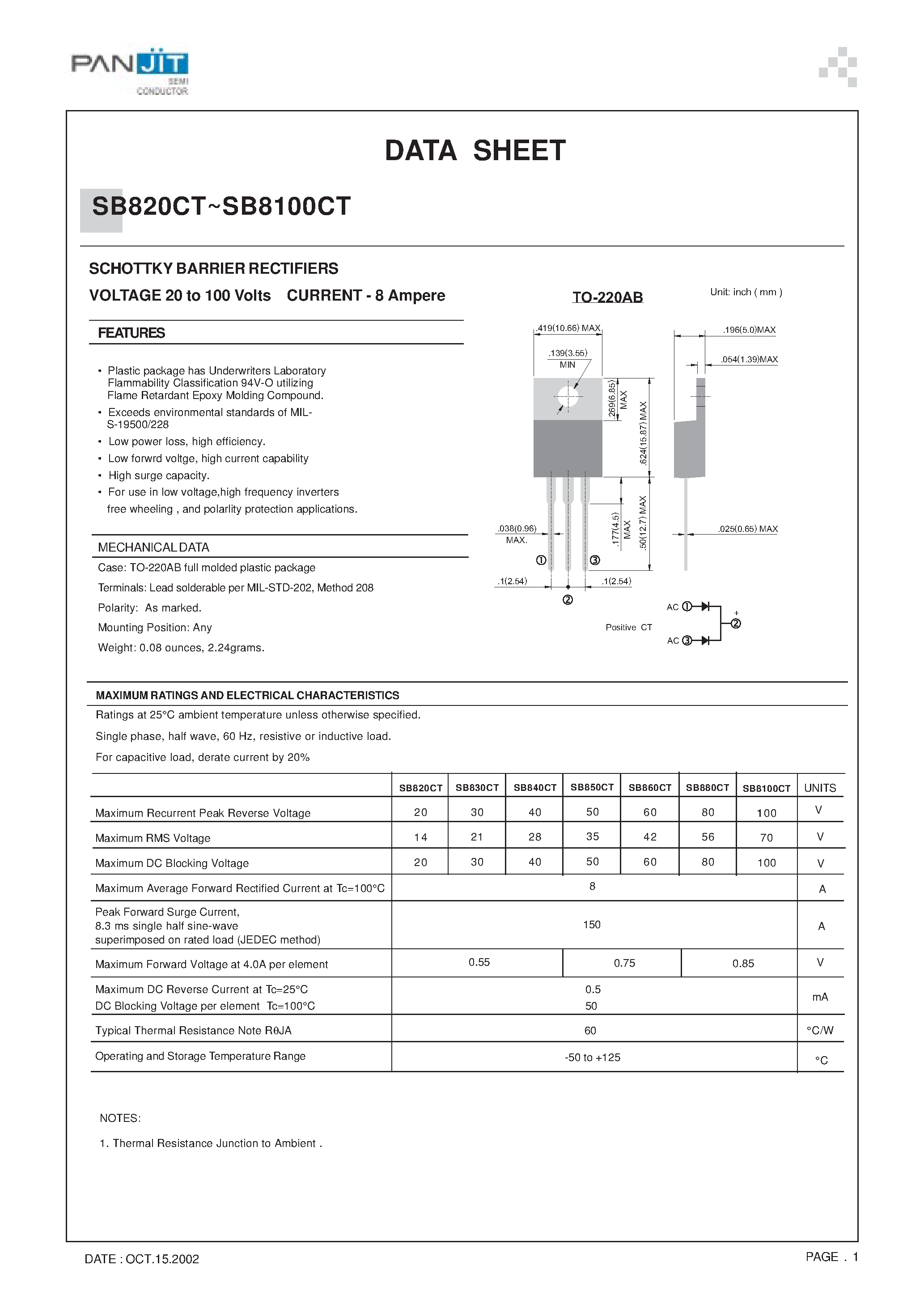 Datasheet SB880CT page 1 Datasheet SB880CT - SCHOTTKY BARRIER RECTIFIERS(VOLTAGE 20 to 100 Volts CURRENT - 8 Ampere) page 1