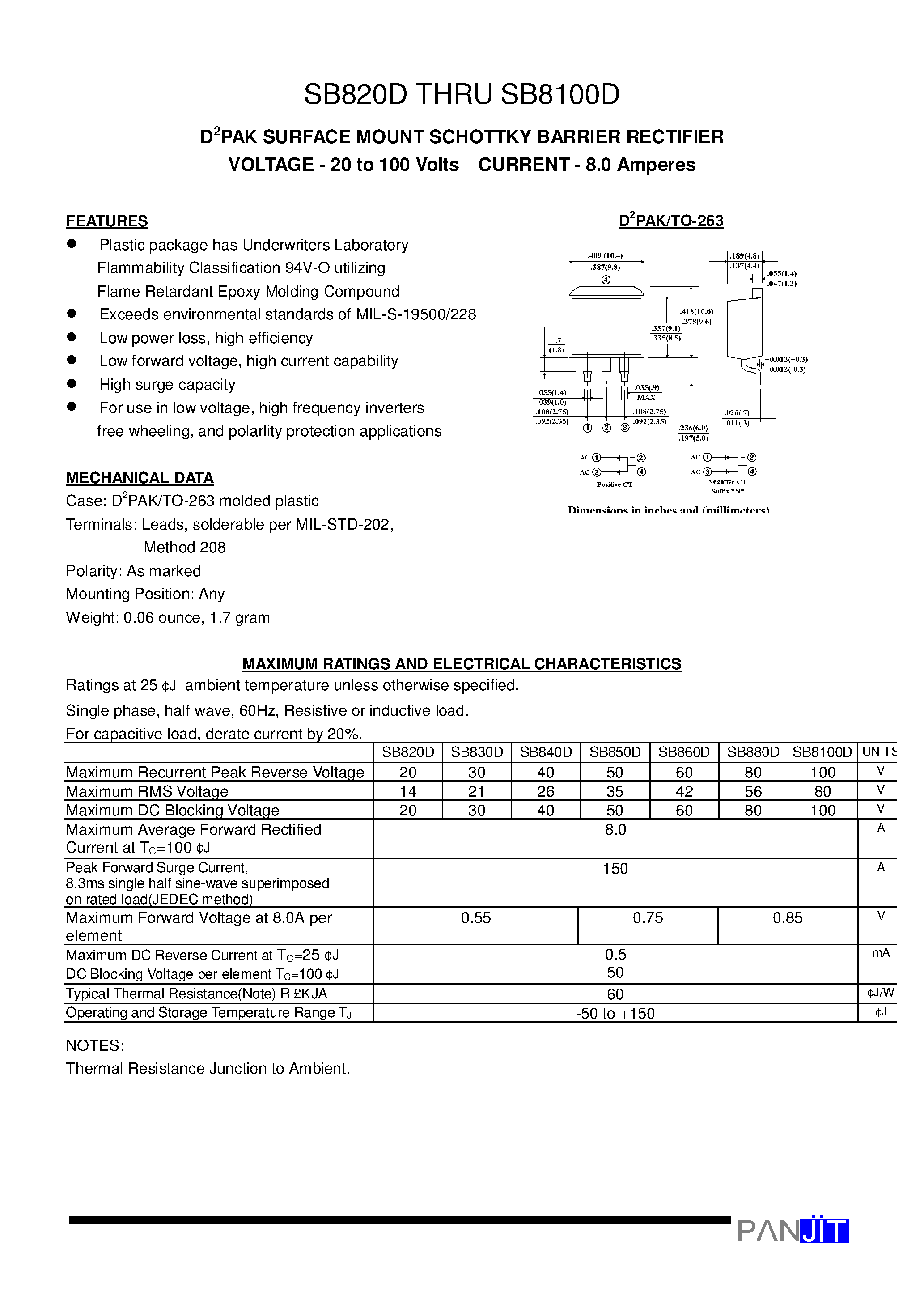 Datasheet SB880D - D2PAK SURFACE MOUNT SCHOTTKY BARRIER RECTIFIER(VOLTAGE - 20 to 100 Volts CURRENT - 8.0 Amperes) page 1