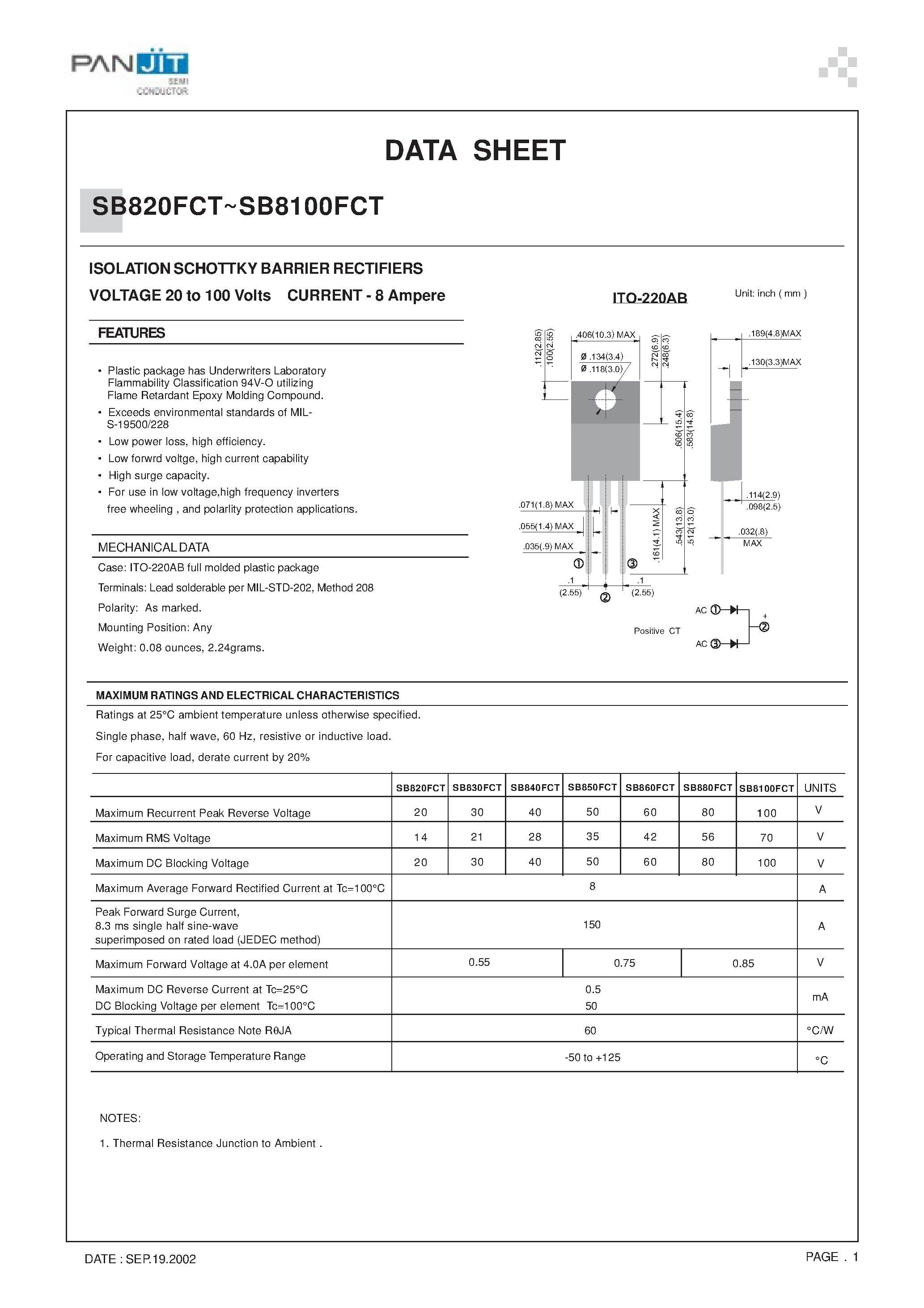Datasheet SB880FCT page 1 Datasheet SB880FCT - ISOLATION SCHOTTKY BARRIER RECTIFIERS(VOLTAGE 20 to 100 Volts CURRENT - 8 Ampere) page 1