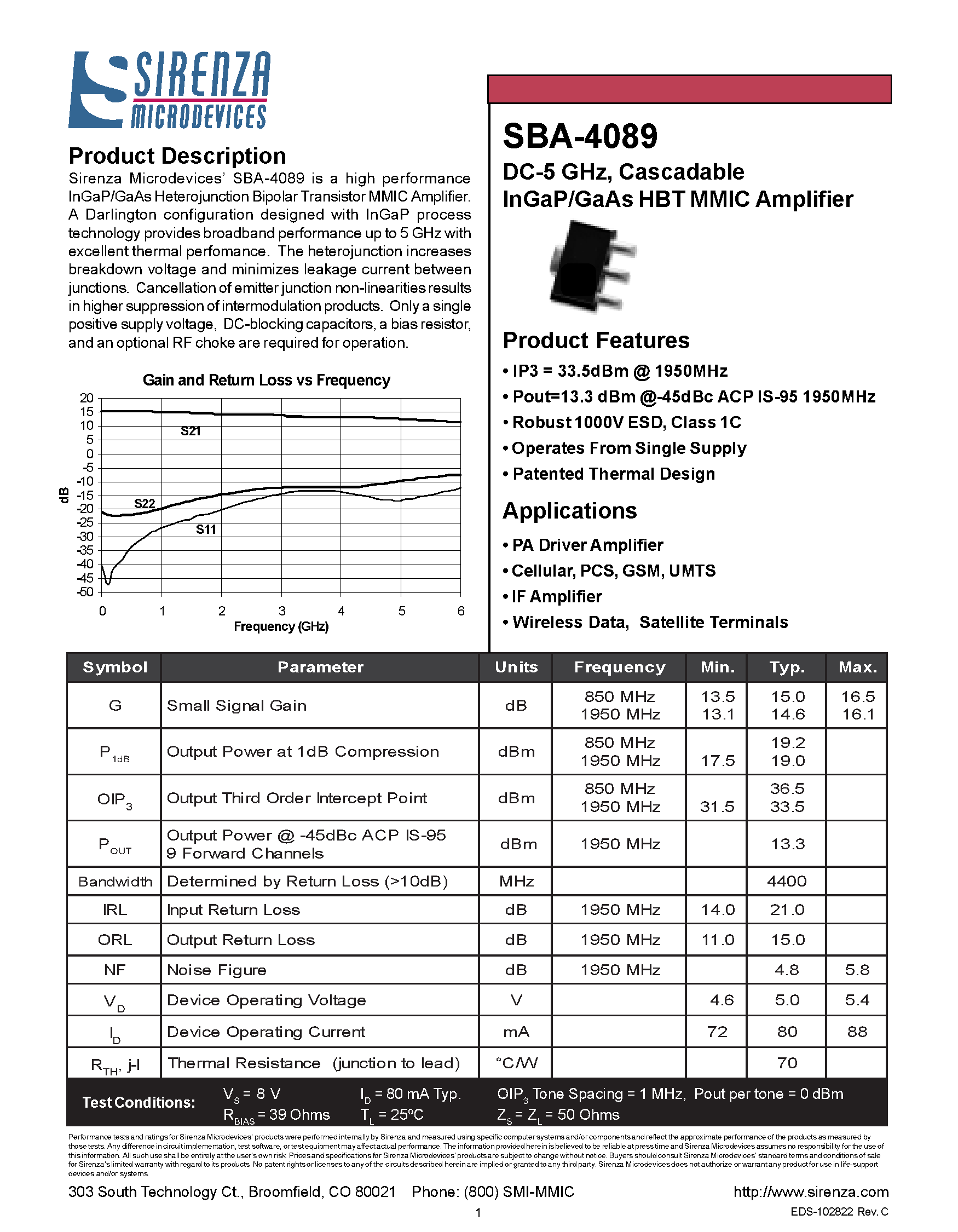 Datasheet sba-4089 - DC-5 GHz/ Cascadable InGaP/GaAs HBT MMIC Amplifier page 1