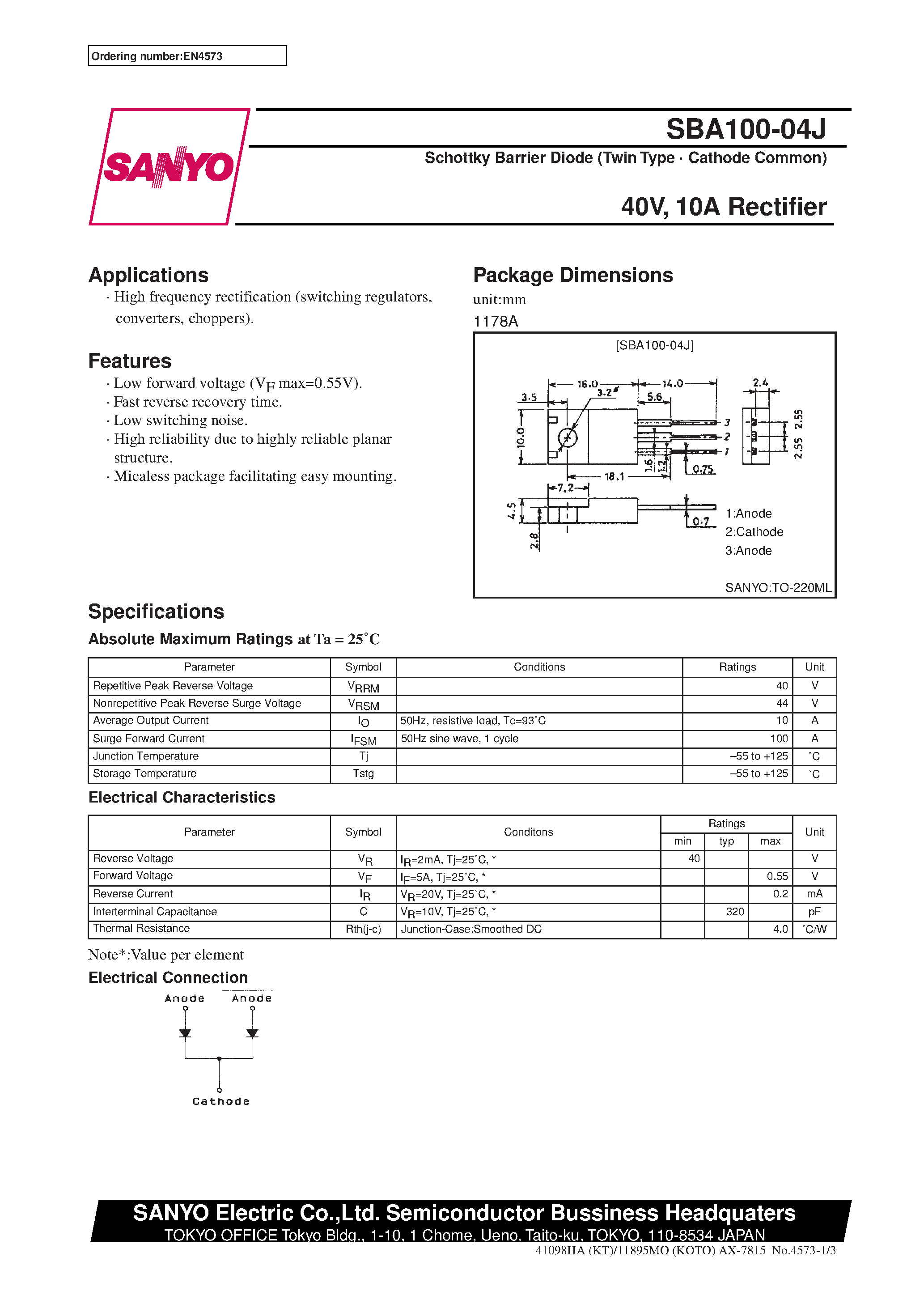 Datasheet SBA100-04J page 1 Datasheet SBA100-04J - 40V/ 10A Rectifier page 1