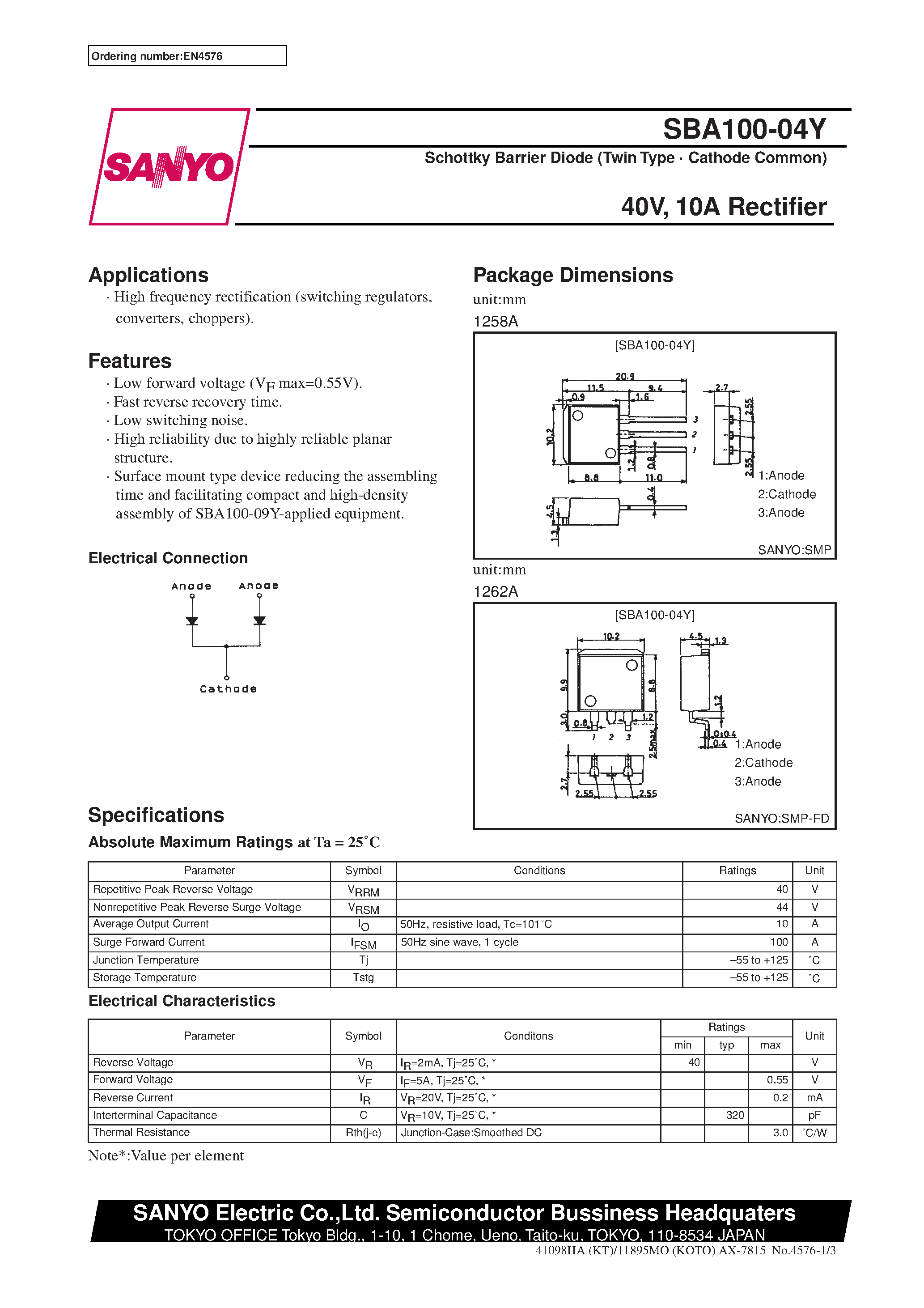 Datasheet SBA100-04Y page 1 Datasheet SBA100-04Y - 40V/ 10A Rectifier page 1