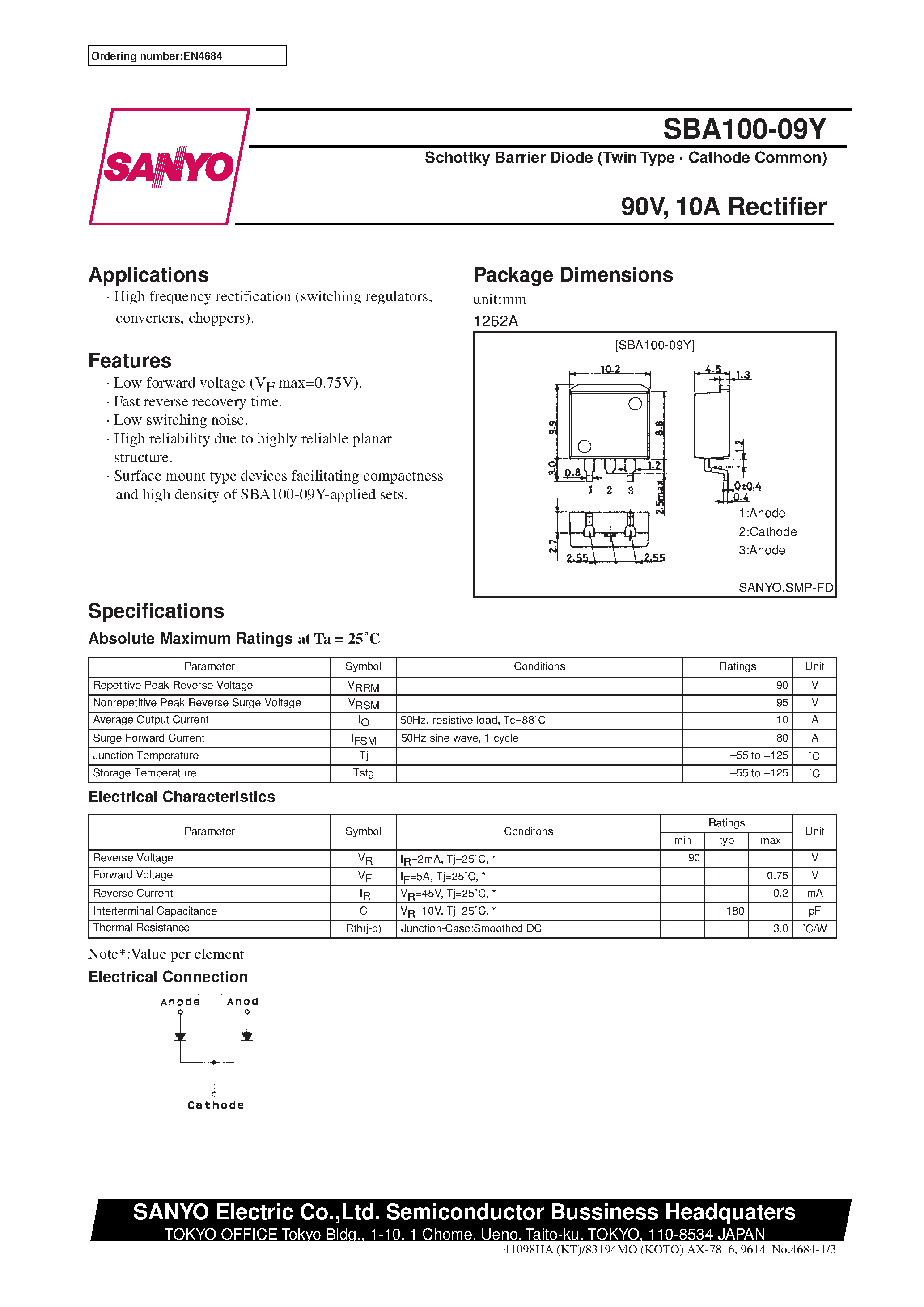 Datasheet SBA100-09Y page 1 Datasheet SBA100-09Y - 90V/ 10A Rectifier page 1
