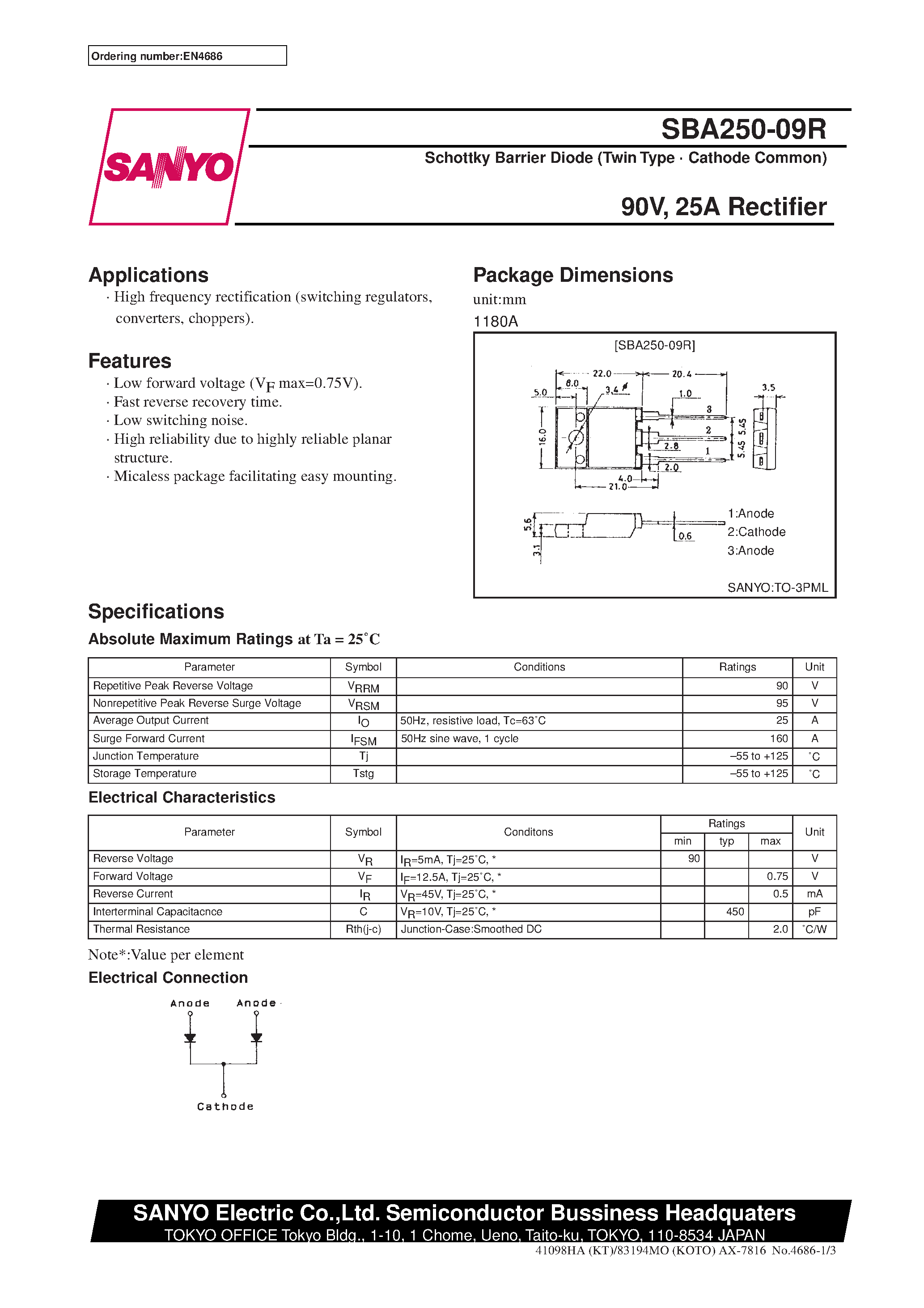 Datasheet SBA250-09R page 1 Datasheet SBA250-09R - 90V/ 25A Rectifier page 1