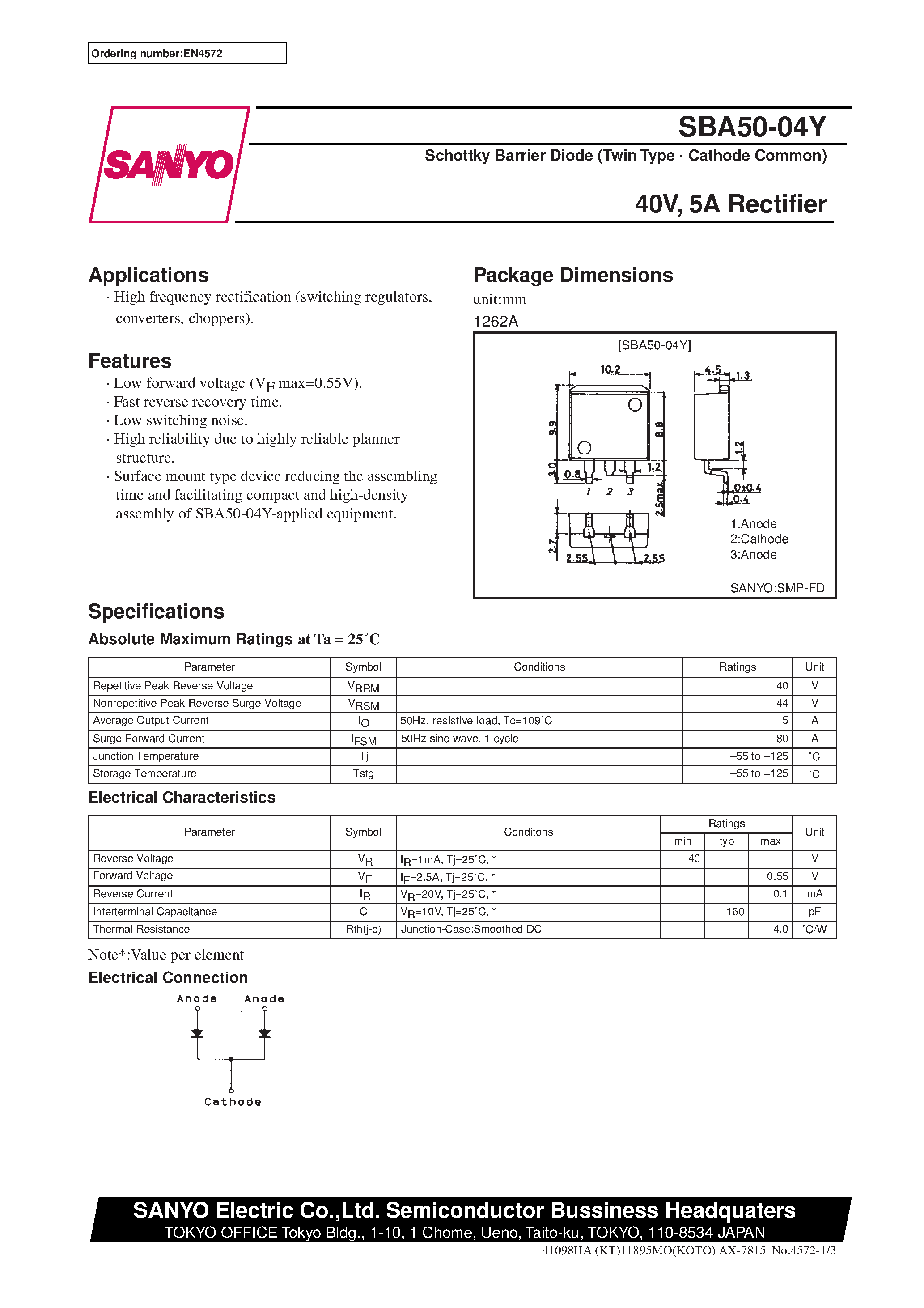 Datasheet SBA50-04Y page 1 Datasheet SBA50-04Y - 40V/ 5A Rectifier page 1