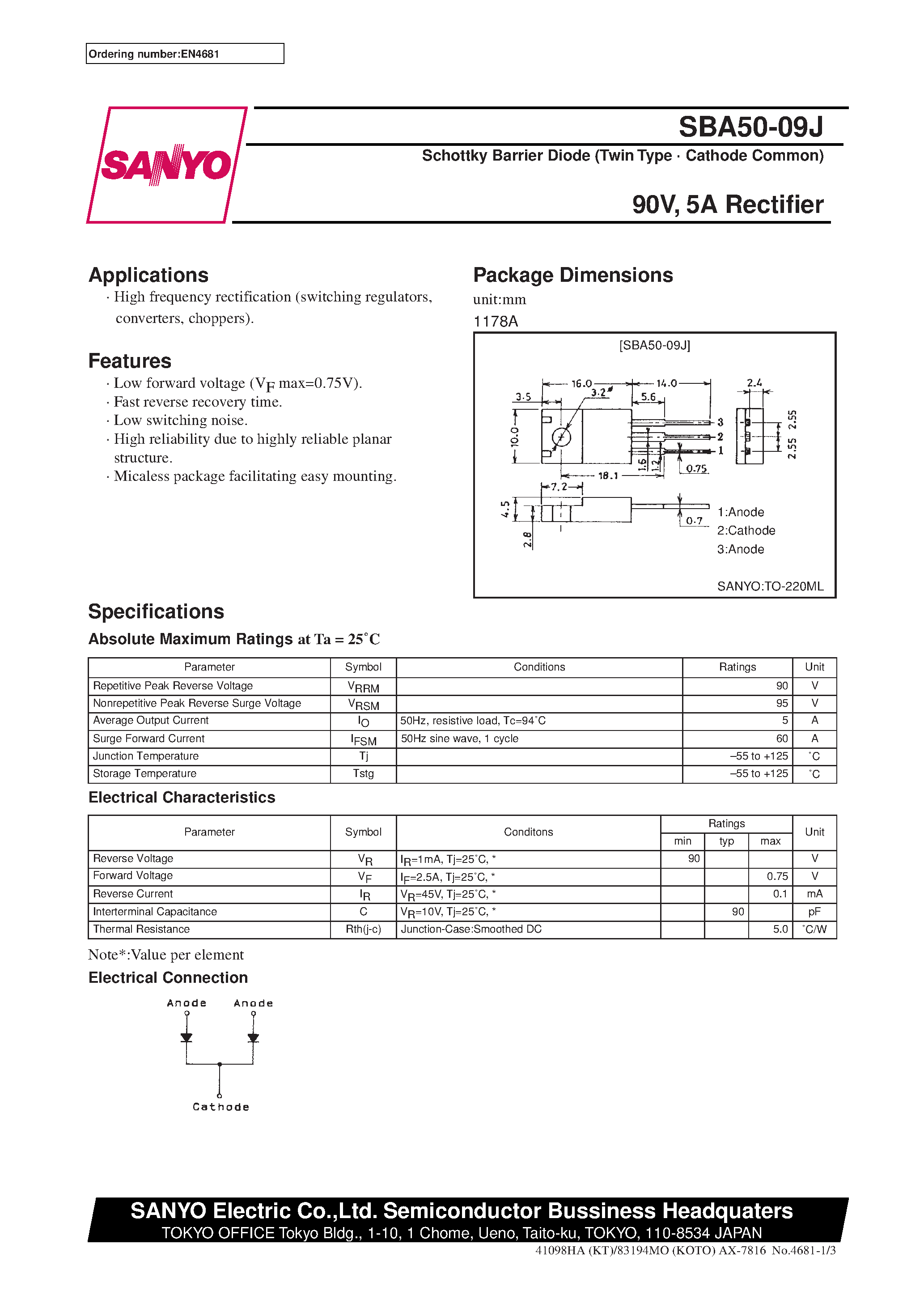 Datasheet SBA50-09J - 90V/ 5A Rectifier page 1