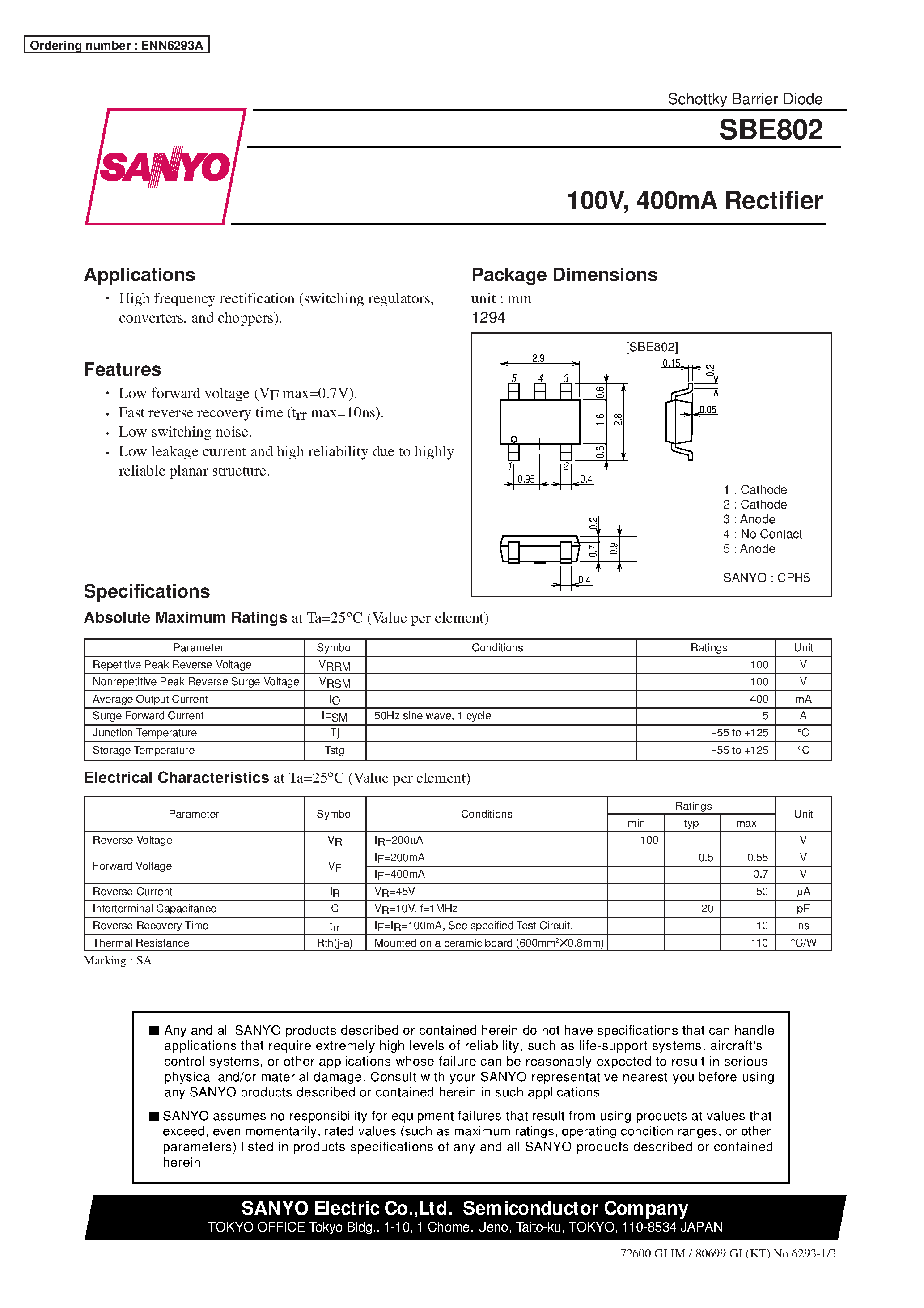 Datasheet SBE802 - 100V/ 400mA Rectifier page 1