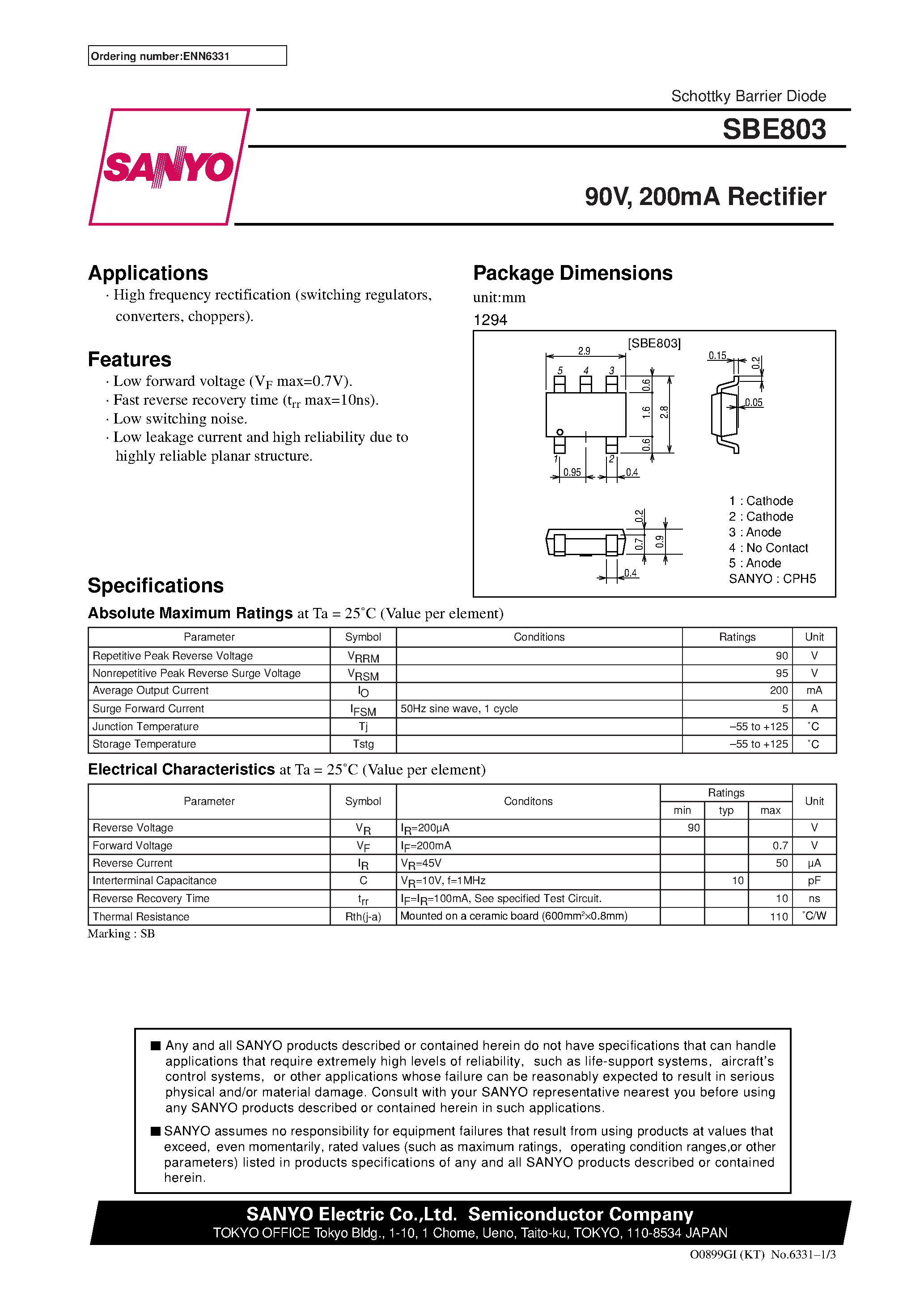 Datasheet SBE803 page 1 Datasheet SBE803 - 90V/ 200mA Rectifier page 1