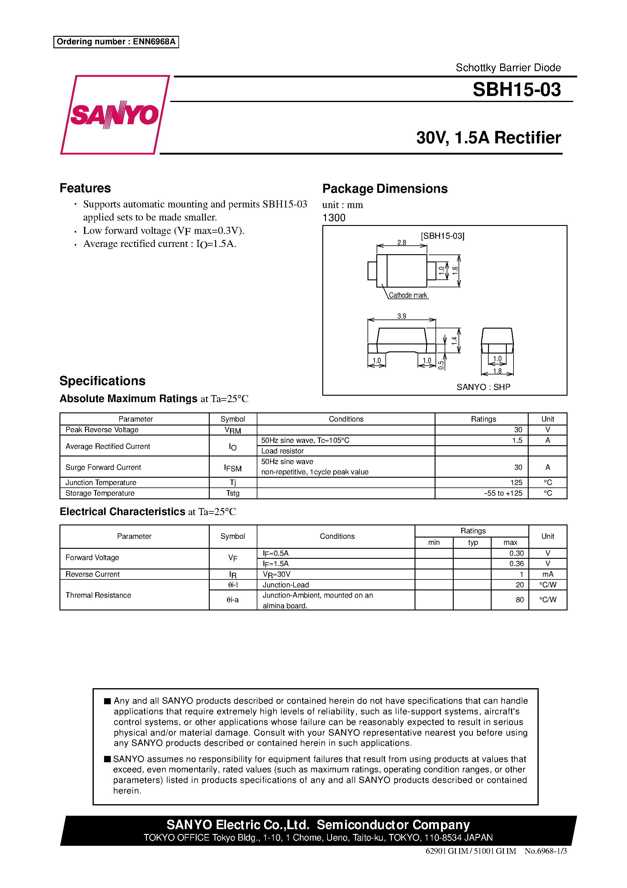 Datasheet SBH15-03 - 30V/ 1.5A Rectifier page 1