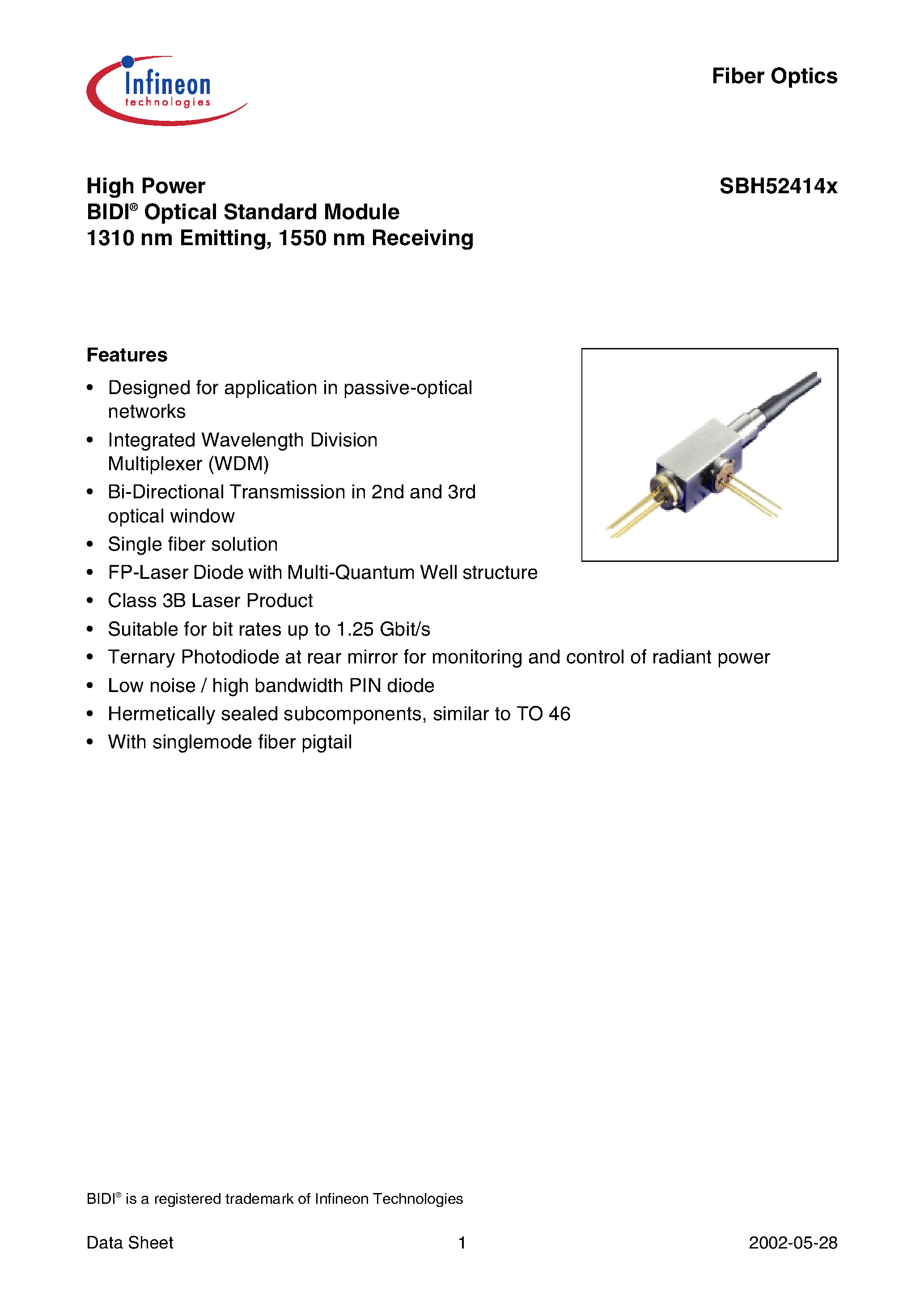 Даташит на микросхему SBH51414N страница 1 Даташит SBH51414N - High Power BIDI Optical Standard Module 1310 nm Emitting/ 1550 nm Receiving страница 1