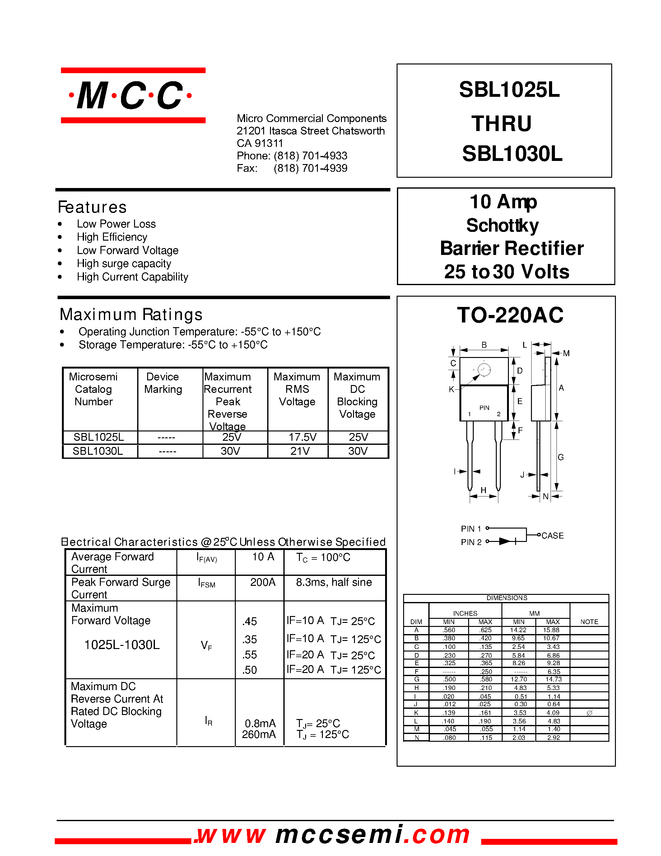 Datasheet SBL1025L page 1 Datasheet SBL1025L - 10 Amp Schottky Barrier Rectifier 25 to 30 Volts page 1