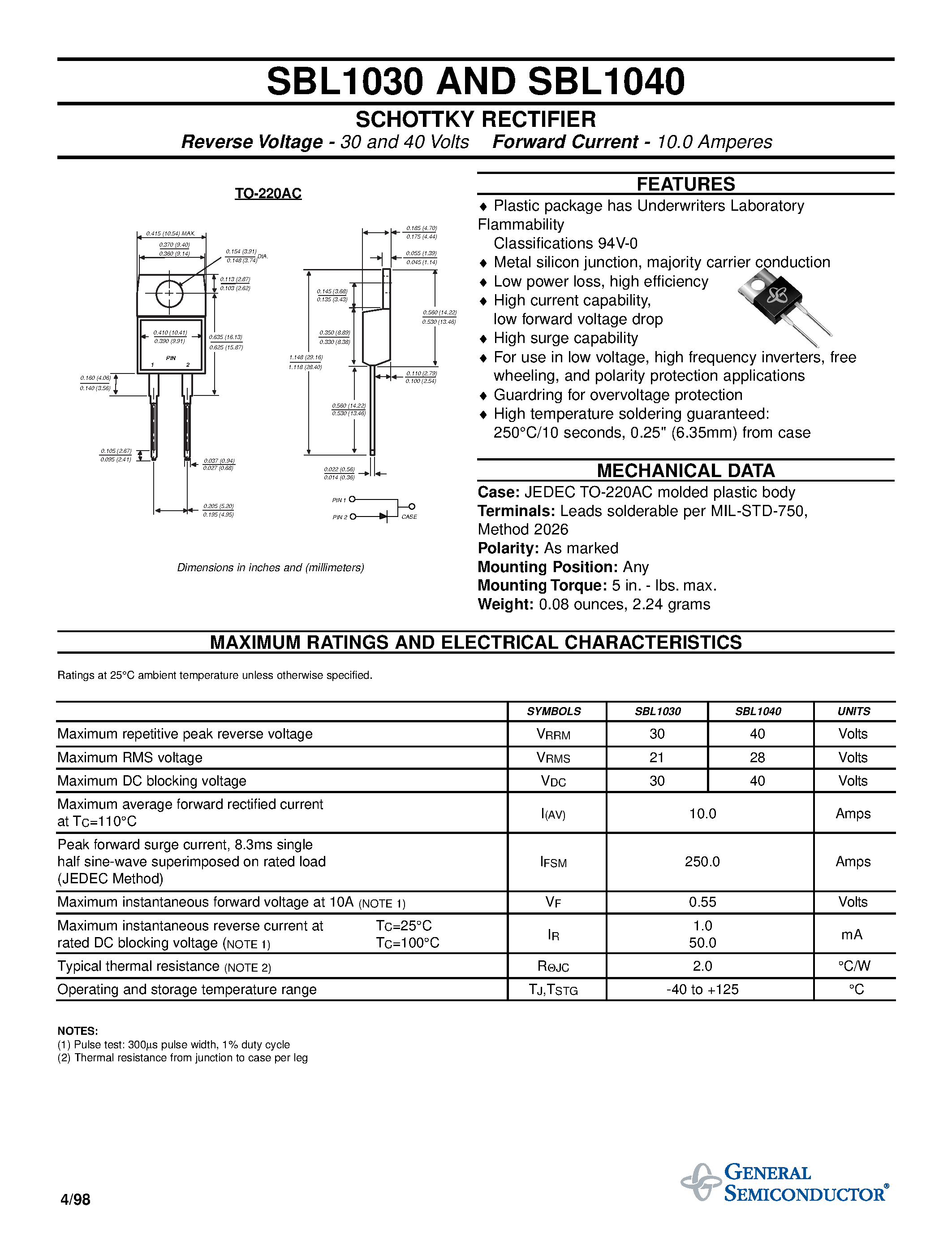 Datasheet SBL1030 page 1 Datasheet SBL1030 - SCHOTTKY RECTIFIER page 1