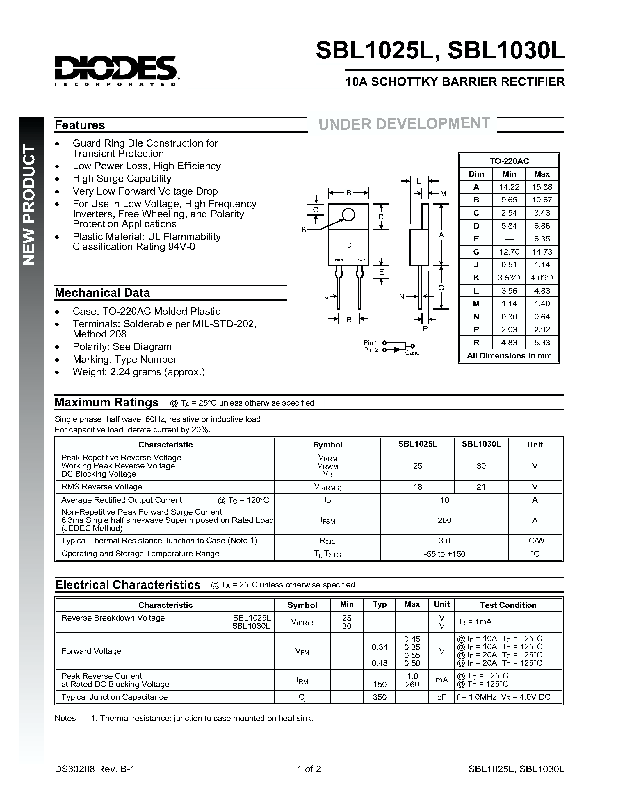 Datasheet SBL1030L page 1 Datasheet SBL1030L - 10A SCHOTTKY BARRIER RECTIFIER page 1