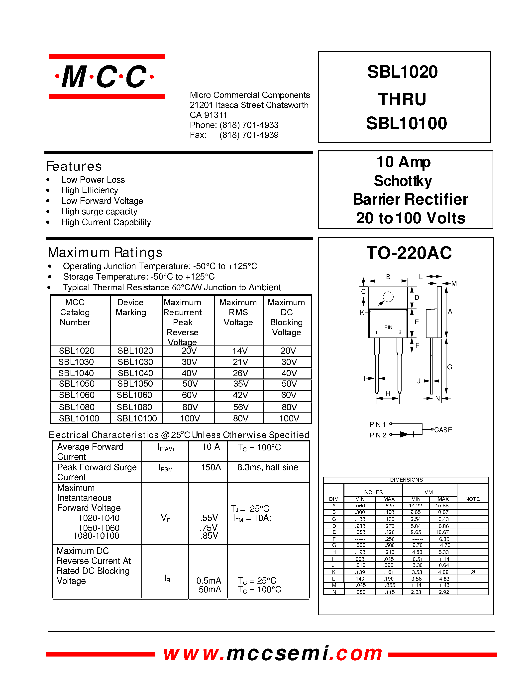 Datasheet SBL1040 - 10 Amp Schottky Barrier Rectifier 20 to 100 Volts page 1