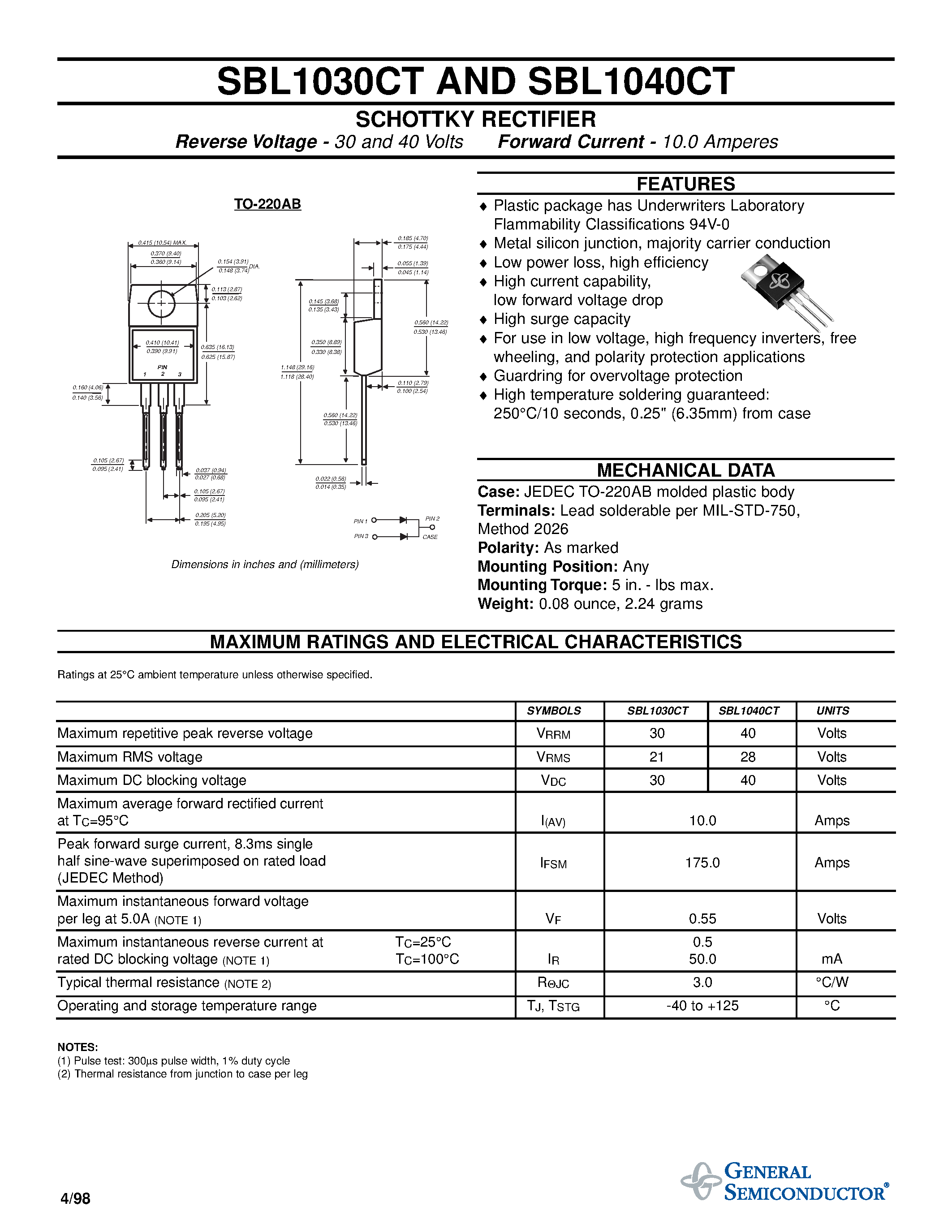 Datasheet SBL1040CT - SCHOTTKY RECTIFIER page 1