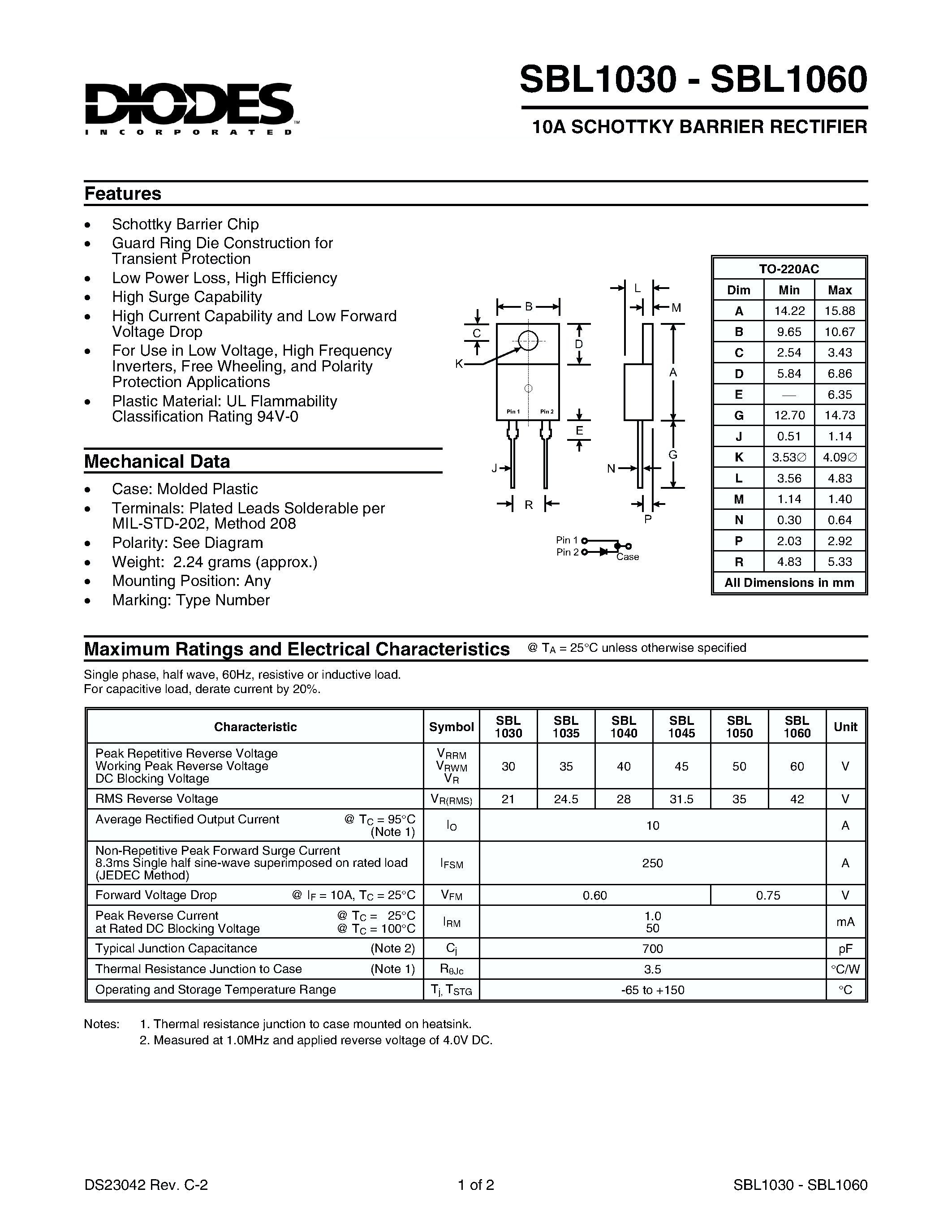 Datasheet SBL1060 page 1 Datasheet SBL1060 - 10A SCHOTTKY BARRIER RECTIFIER page 1