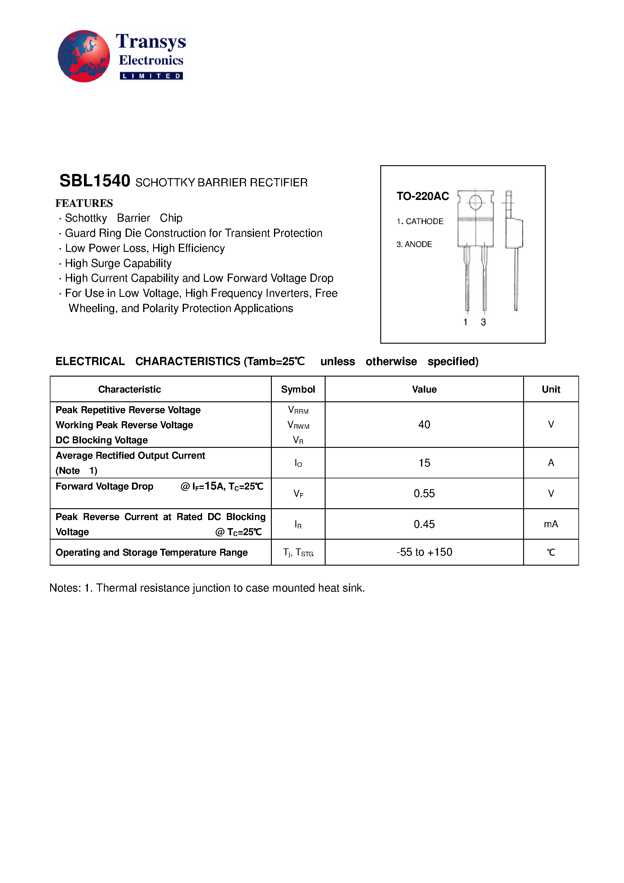 Datasheet SBL1540 page 1 Datasheet SBL1540 - SCHOTTKY BARRIER RECTIFIER page 1