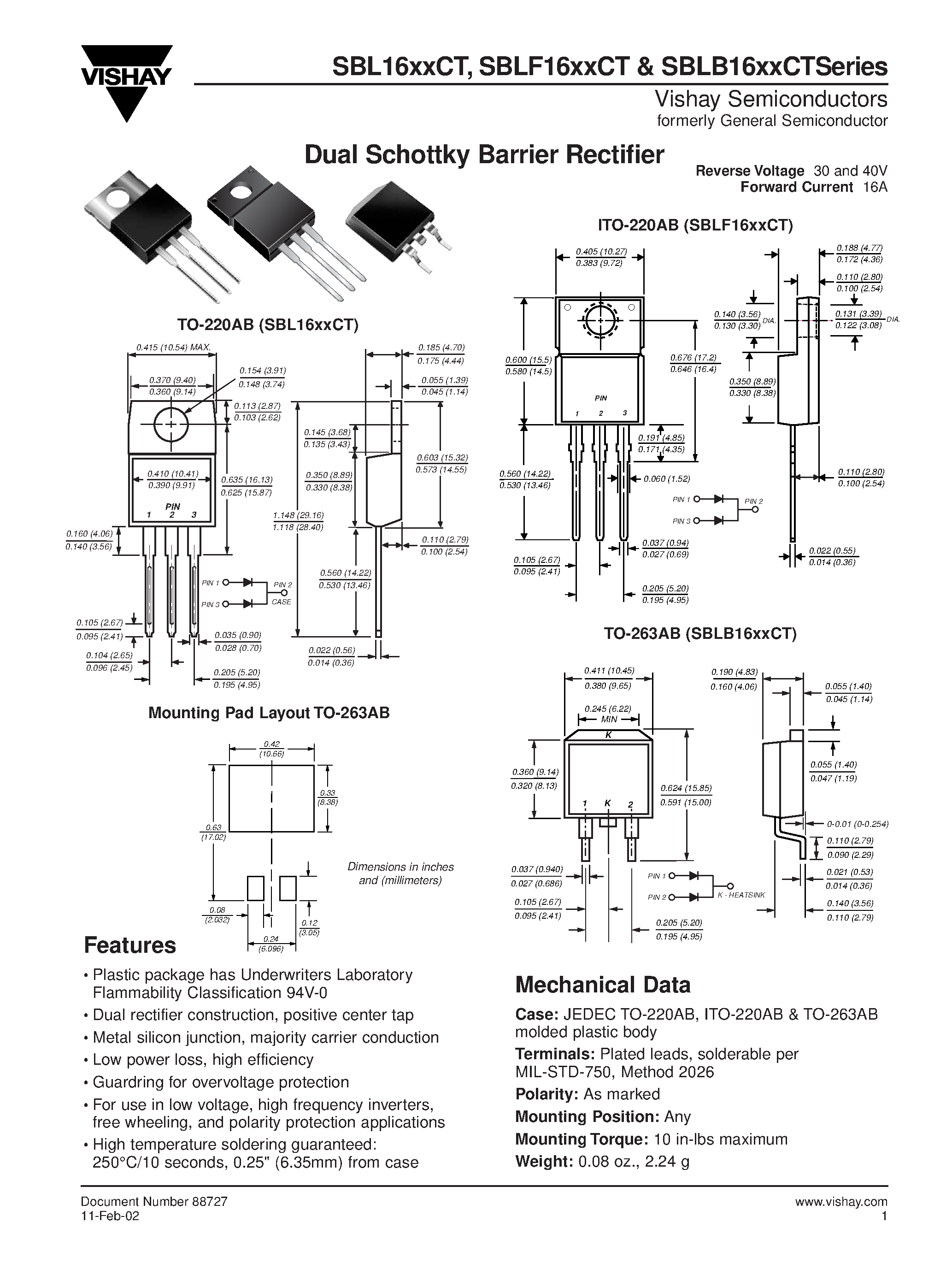 Datasheet SBL1630CT page 1 Datasheet SBL1630CT - Dual Schottky Barrier Rectifier page 1