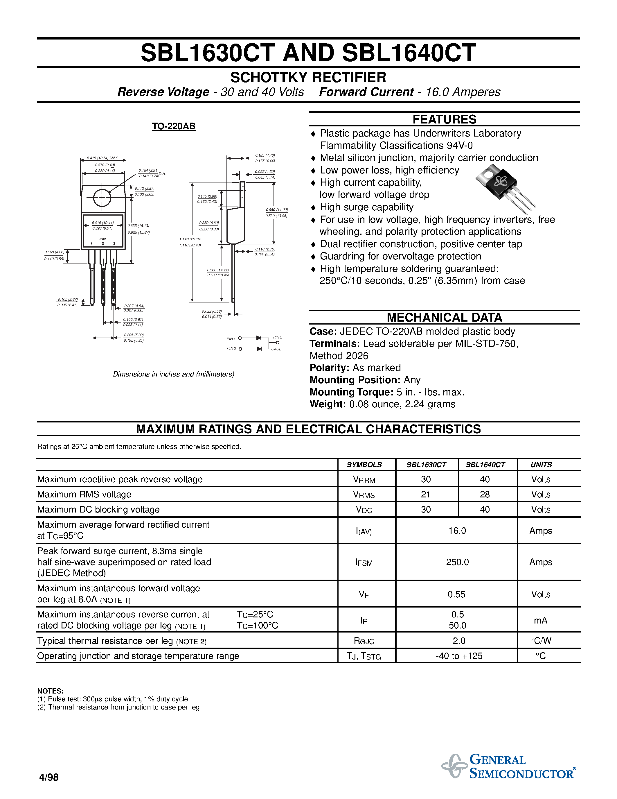 Даташит SBL1640CT - SCHOTTKY RECTIFIER страница 1