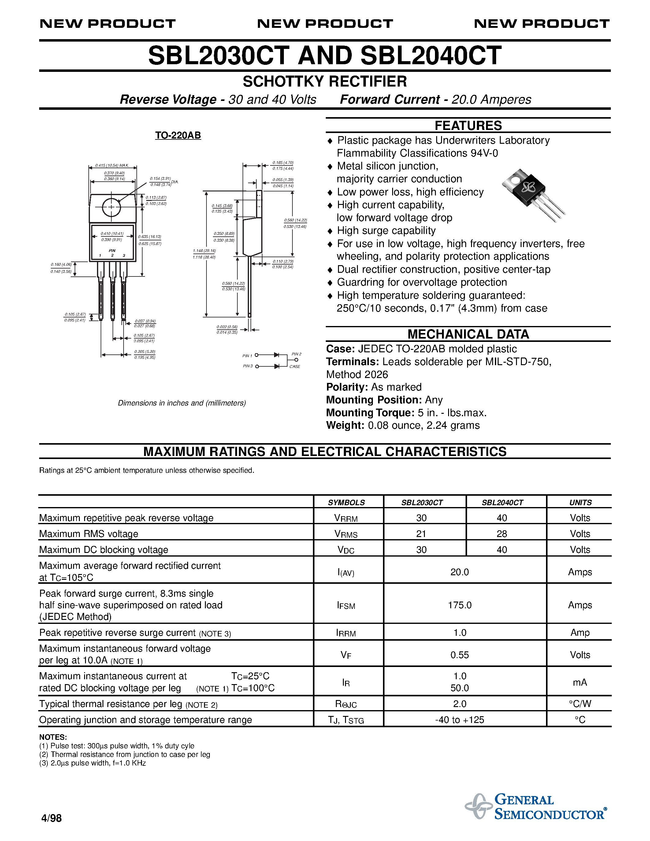 Datasheet SBL2030CT page 1 Datasheet SBL2030CT - SCHOTTKY RECTIFIER page 1