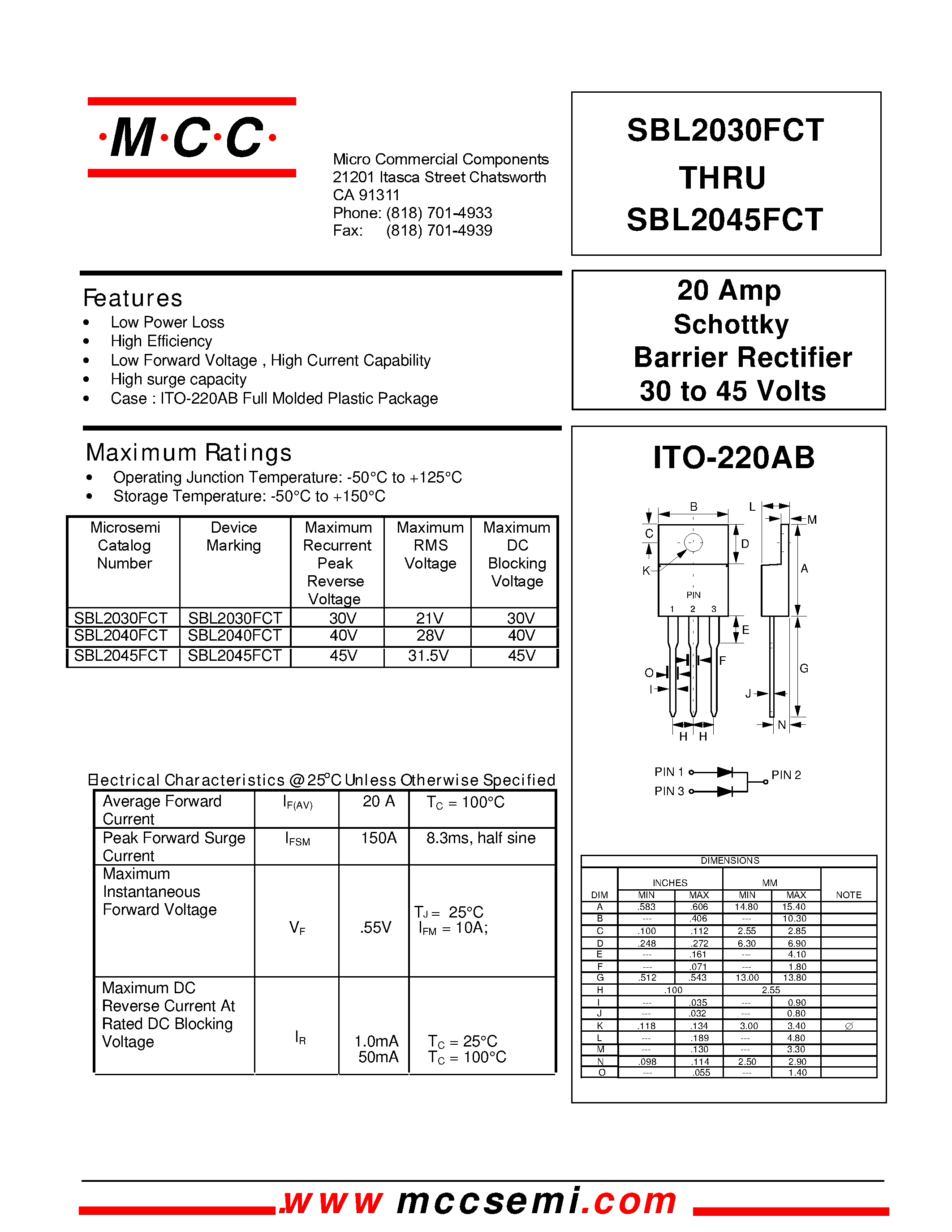 Datasheet SBL2040FCT page 1 Datasheet SBL2040FCT - 20 Amp Schottky Barrier Rectifier 30 to 45 Volts page 1