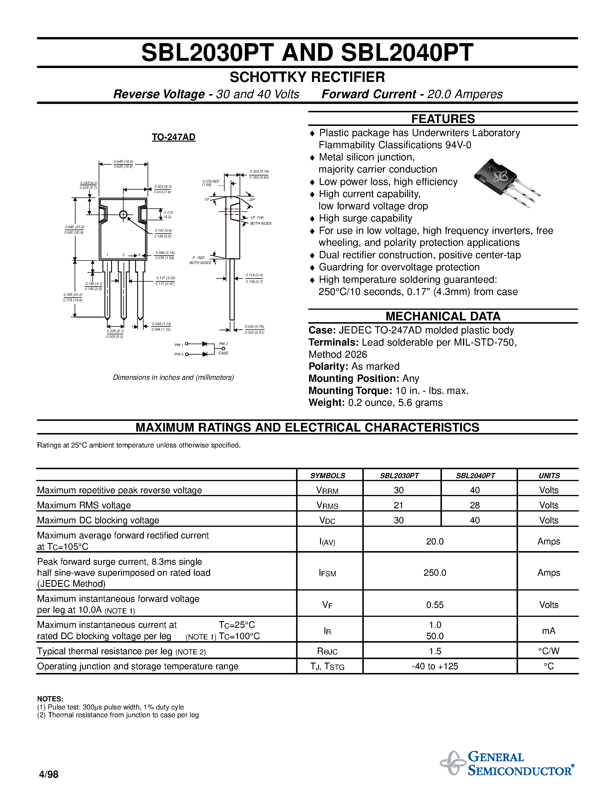 Datasheet SBL2040PT - SCHOTTKY RECTIFIER page 1