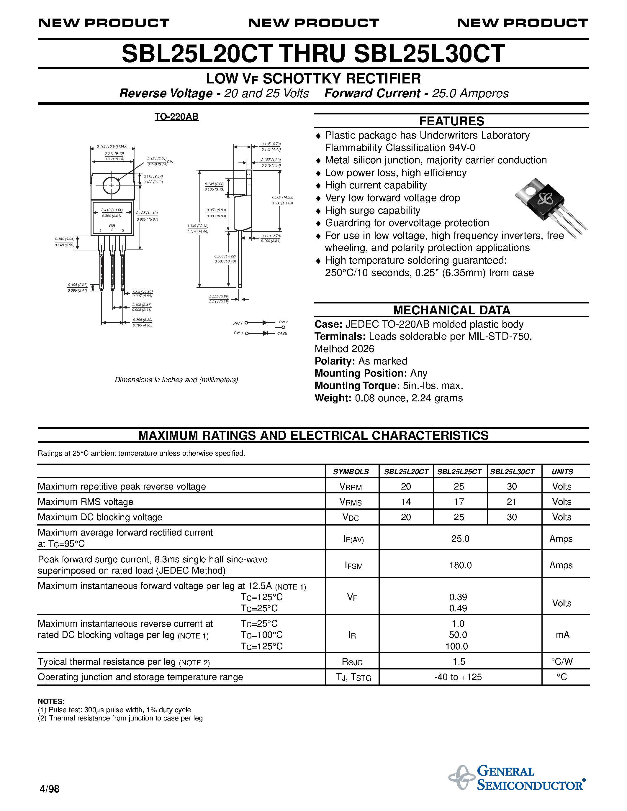 Datasheet SBL25L20CT page 1 Datasheet SBL25L20CT - LOW VF SCHOTTKY RECTIFIER page 1