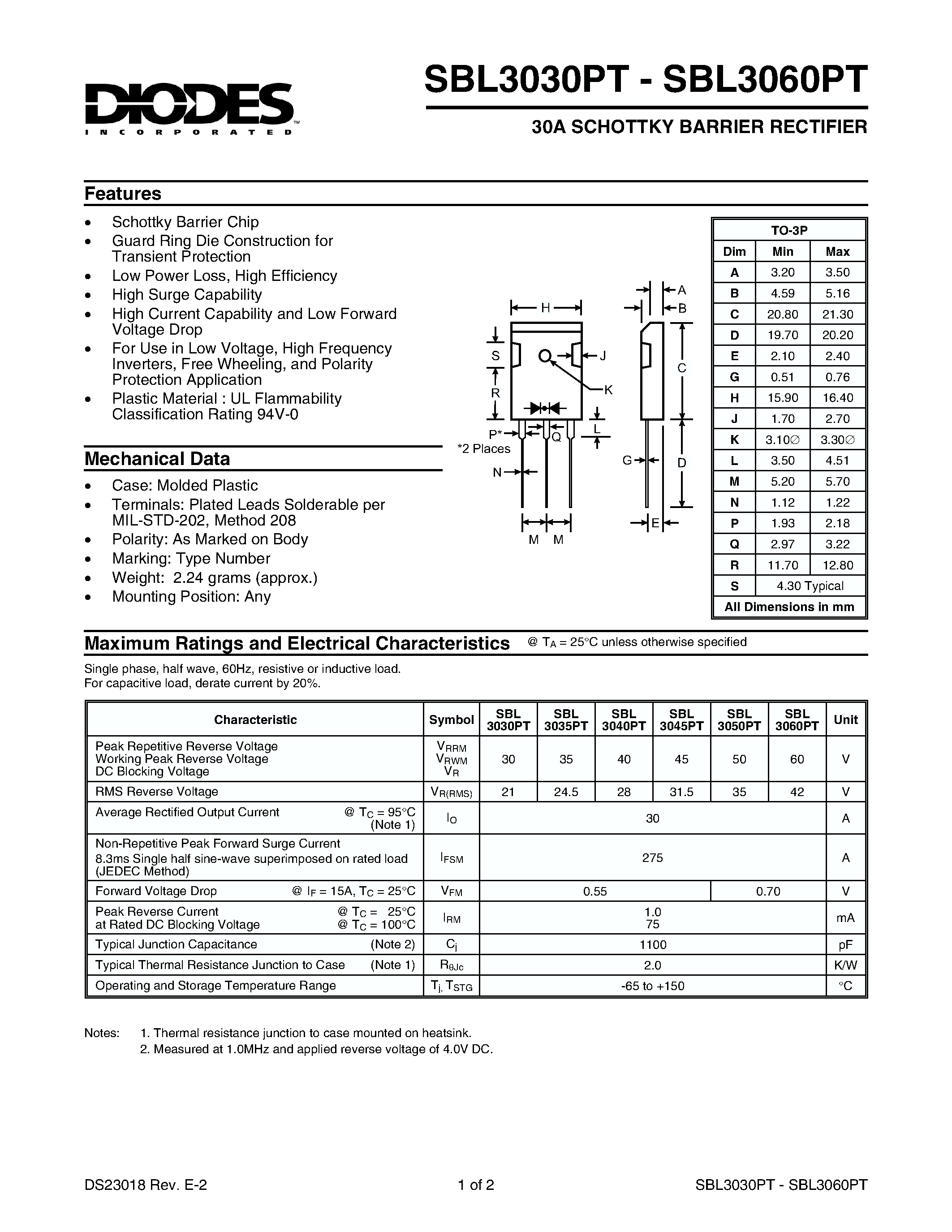 Datasheet SBL3035PT page 1 Datasheet SBL3035PT - 30A SCHOTTKY BARRIER RECTIFIER page 1