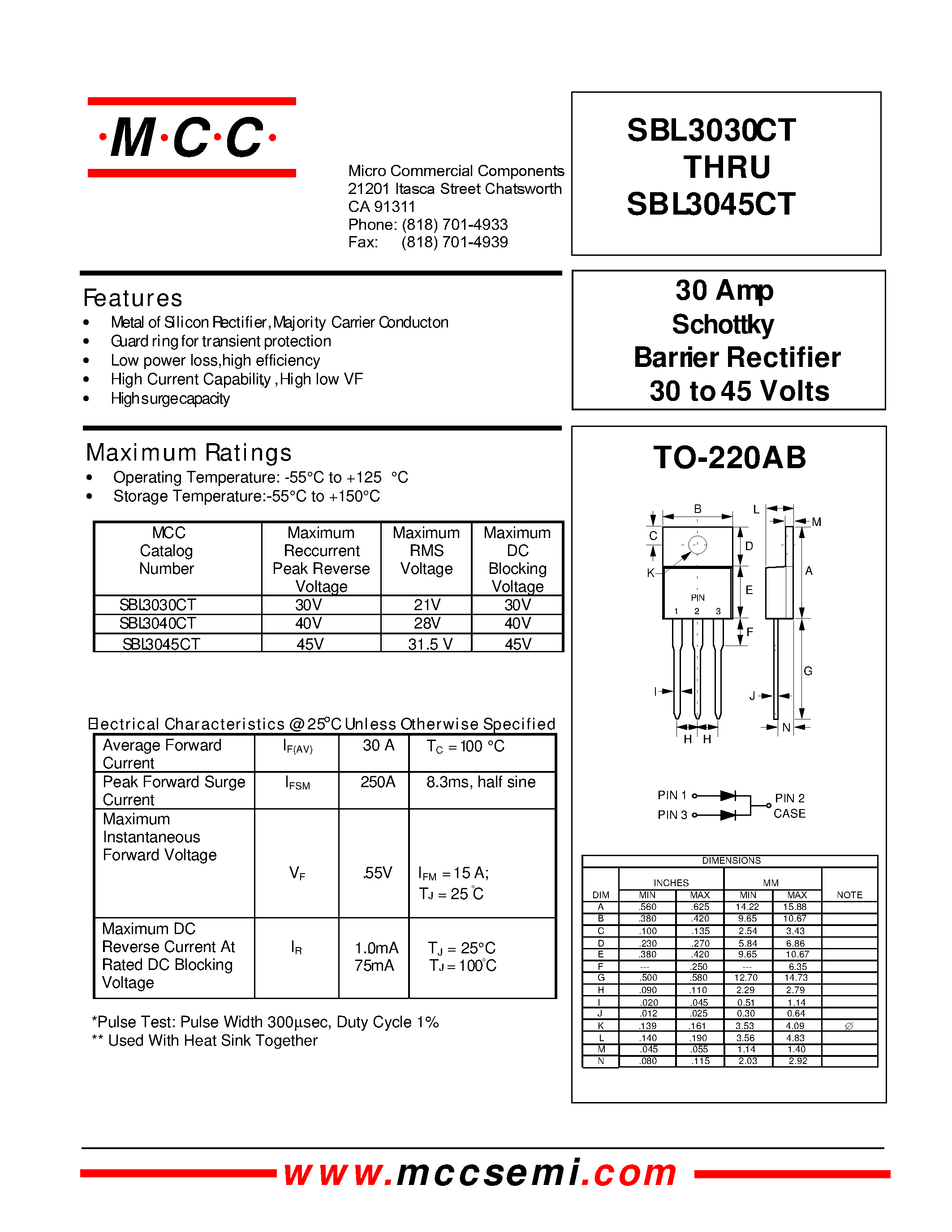 Datasheet SBL3040CT - 30 Amp Schottky Barrier Rectifier 30 to 45 Volts page 1