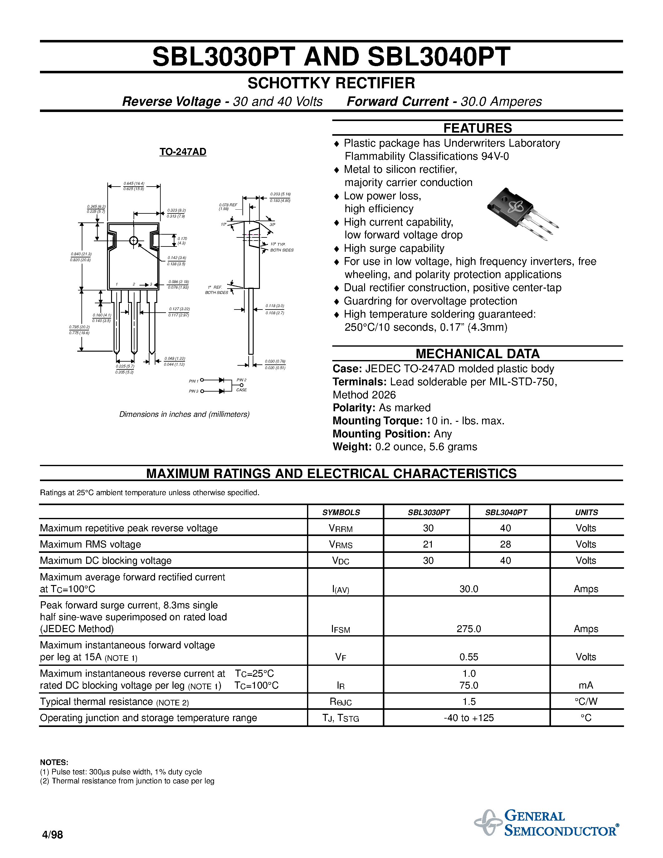 Datasheet SBL3040PT - SCHOTTKY RECTIFIER page 1