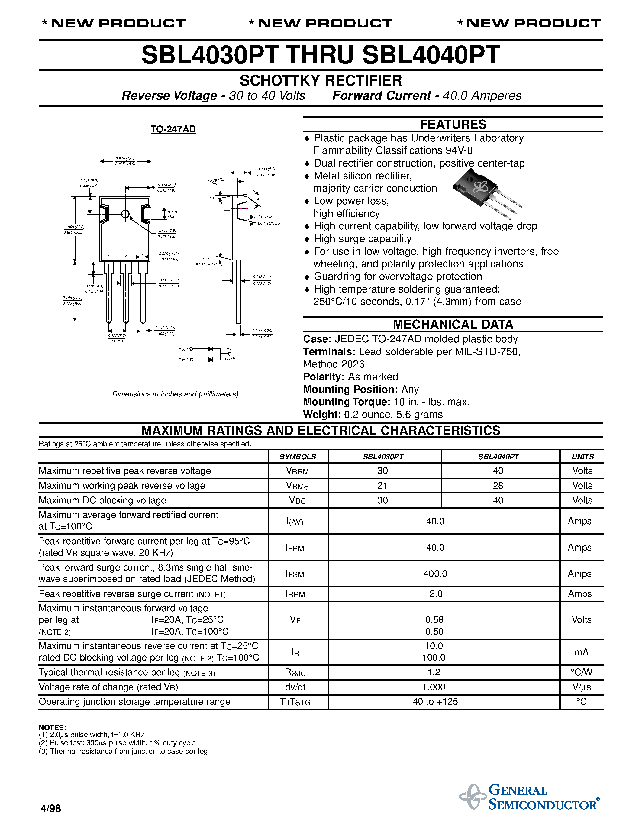 Datasheet SBL4030PT page 1 Datasheet SBL4030PT - SCHOTTKY RECTIFIER page 1