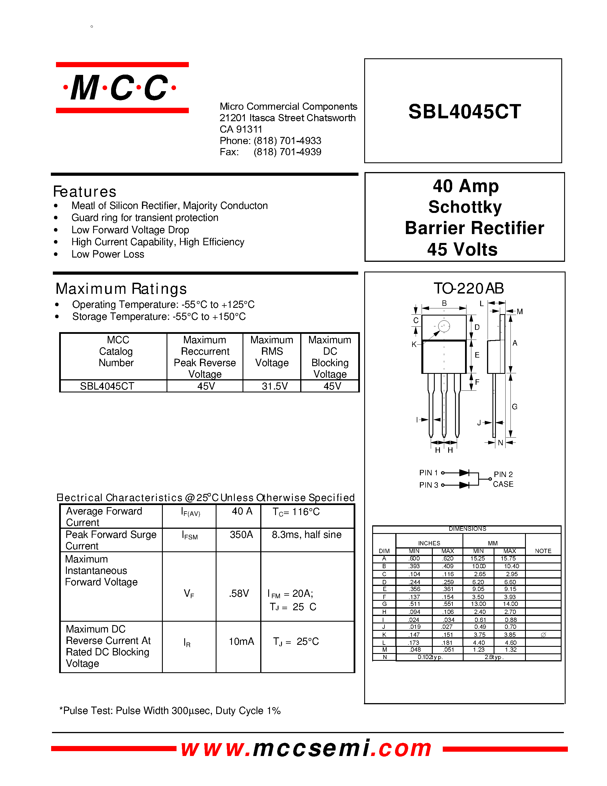 Datasheet SBL4045CT page 1 Datasheet SBL4045CT - 40 Amp Schottky Barrier Rectifier 45 Volts page 1