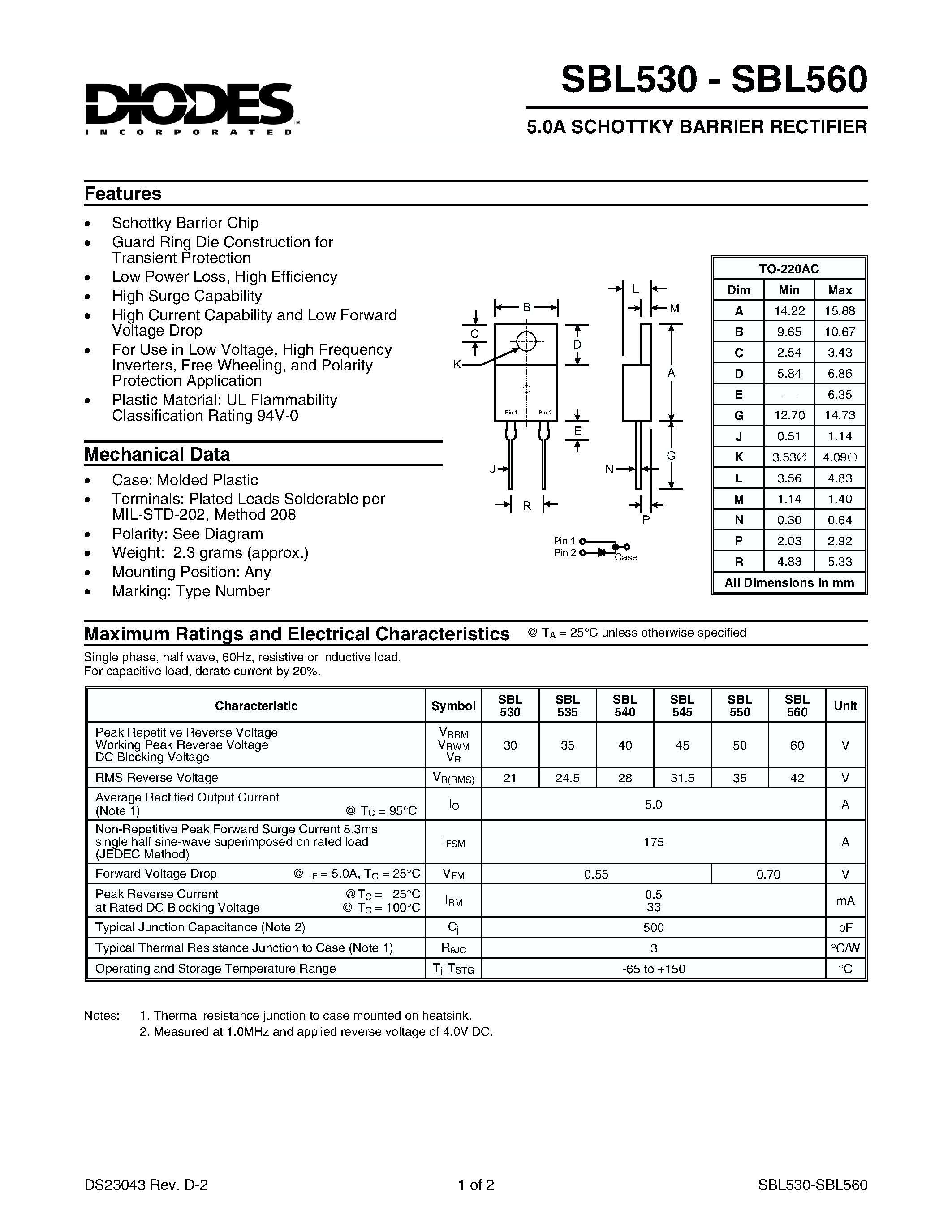Datasheet SBL530 page 1 Datasheet SBL530 - 5.0A SCHOTTKY BARRIER RECTIFIER page 1
