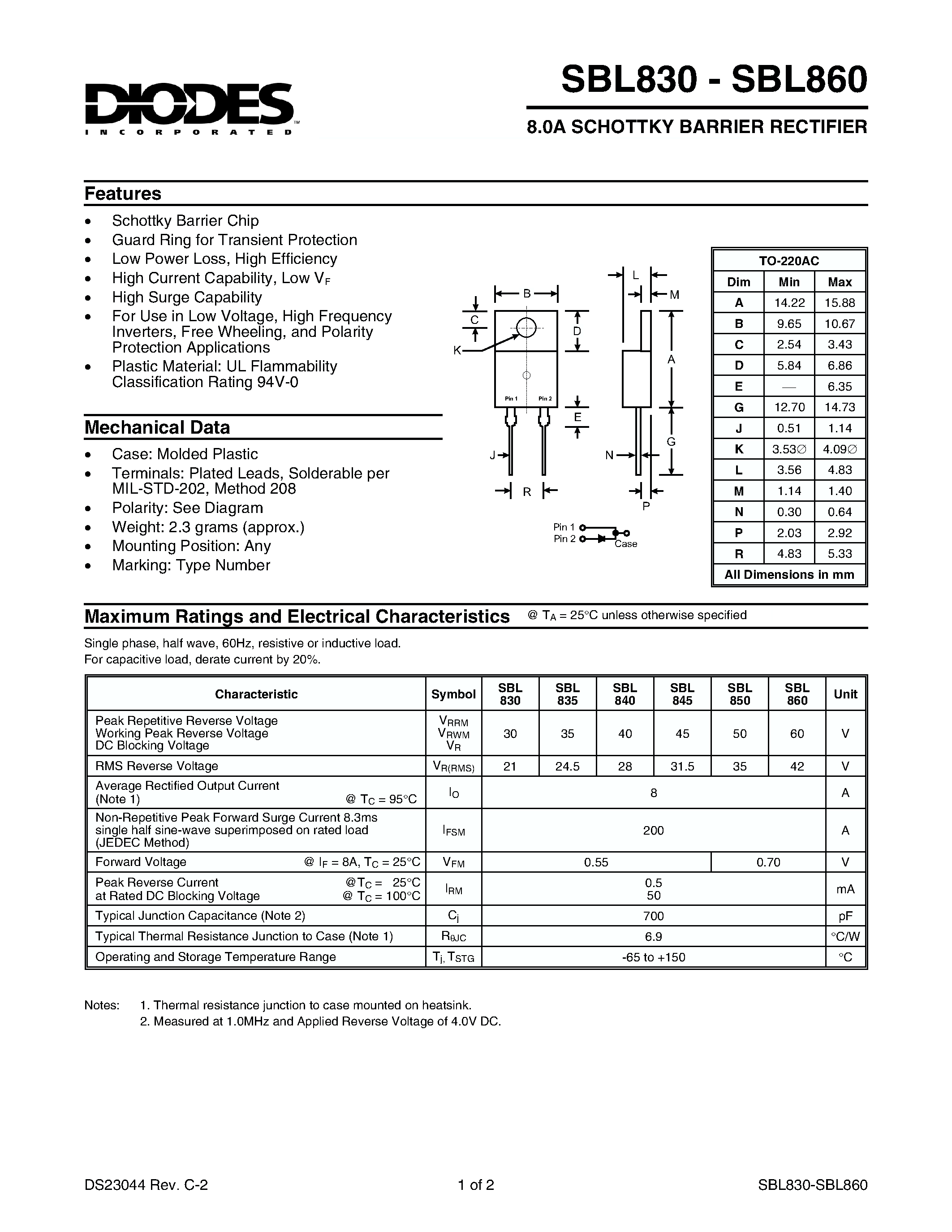 Даташит SBL830 - 8.0A SCHOTTKY BARRIER RECTIFIER страница 1